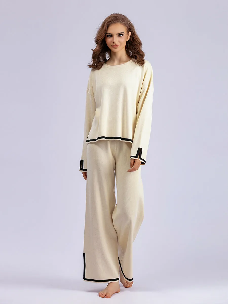 Chic Contrast Color Split Knitted Two-Piece Set with Wide-Leg Pants
