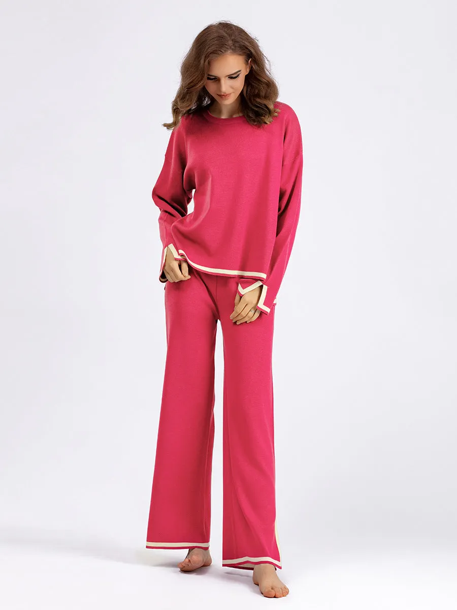Chic Contrast Color Split Knitted Two-Piece Set with Wide-Leg Pants