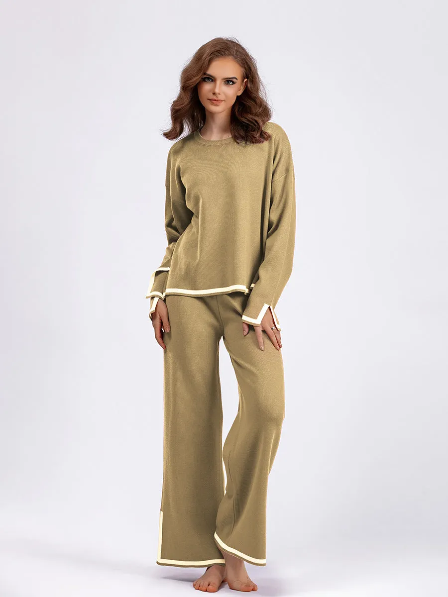 Chic Contrast Color Split Knitted Two-Piece Set with Wide-Leg Pants
