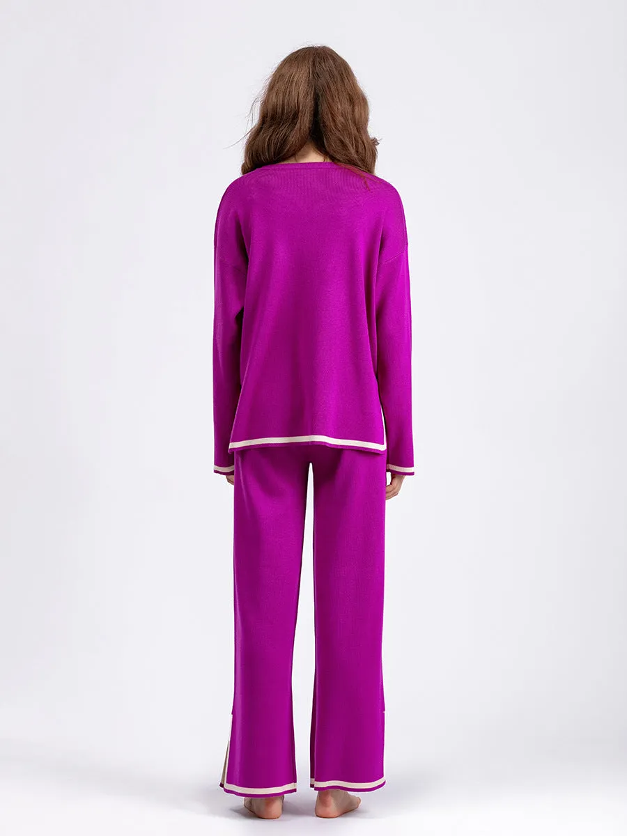 Chic Contrast Color Split Knitted Two-Piece Set with Wide-Leg Pants