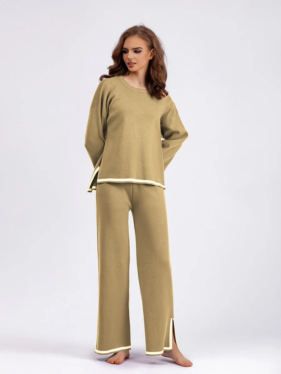 Chic Contrast Color Split Knitted Two-Piece Set with Wide-Leg Pants