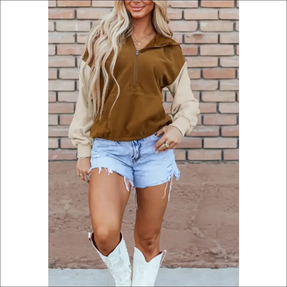 Chic Contrast Half Zip Long Sleeve Hoodie