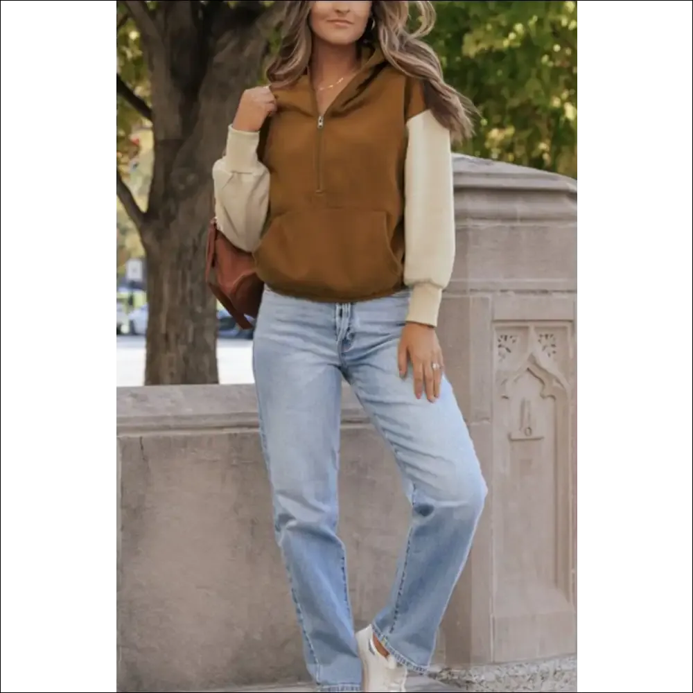 Chic Contrast Half Zip Long Sleeve Hoodie