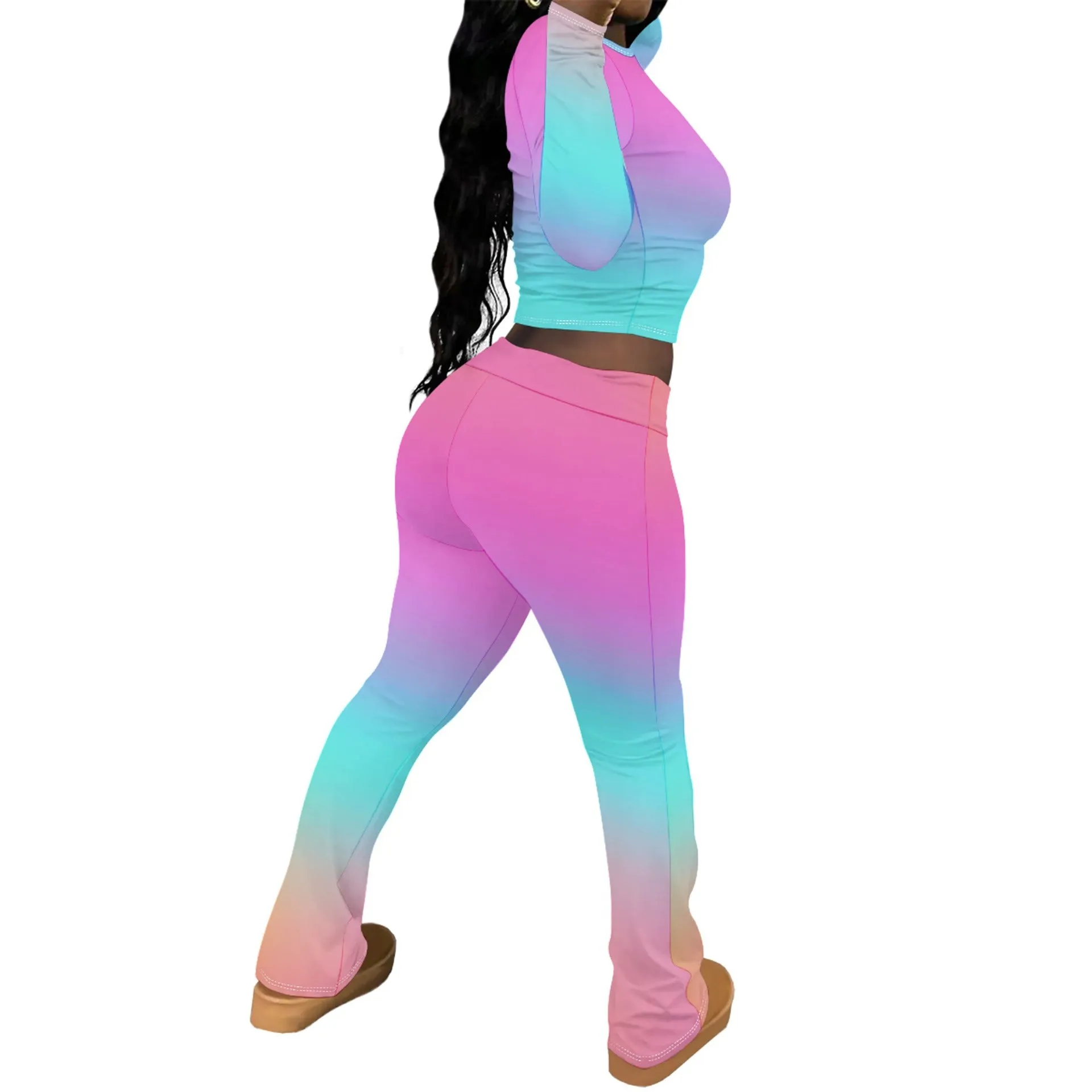 Chic Solid Long Sleeve Crop Top and Flared Pants Two-Piece Set