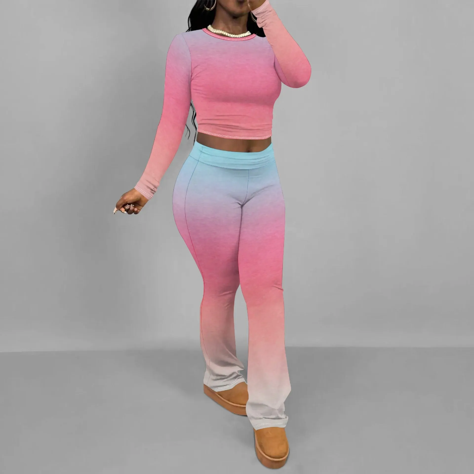 Chic Solid Long Sleeve Crop Top and Flared Pants Two-Piece Set