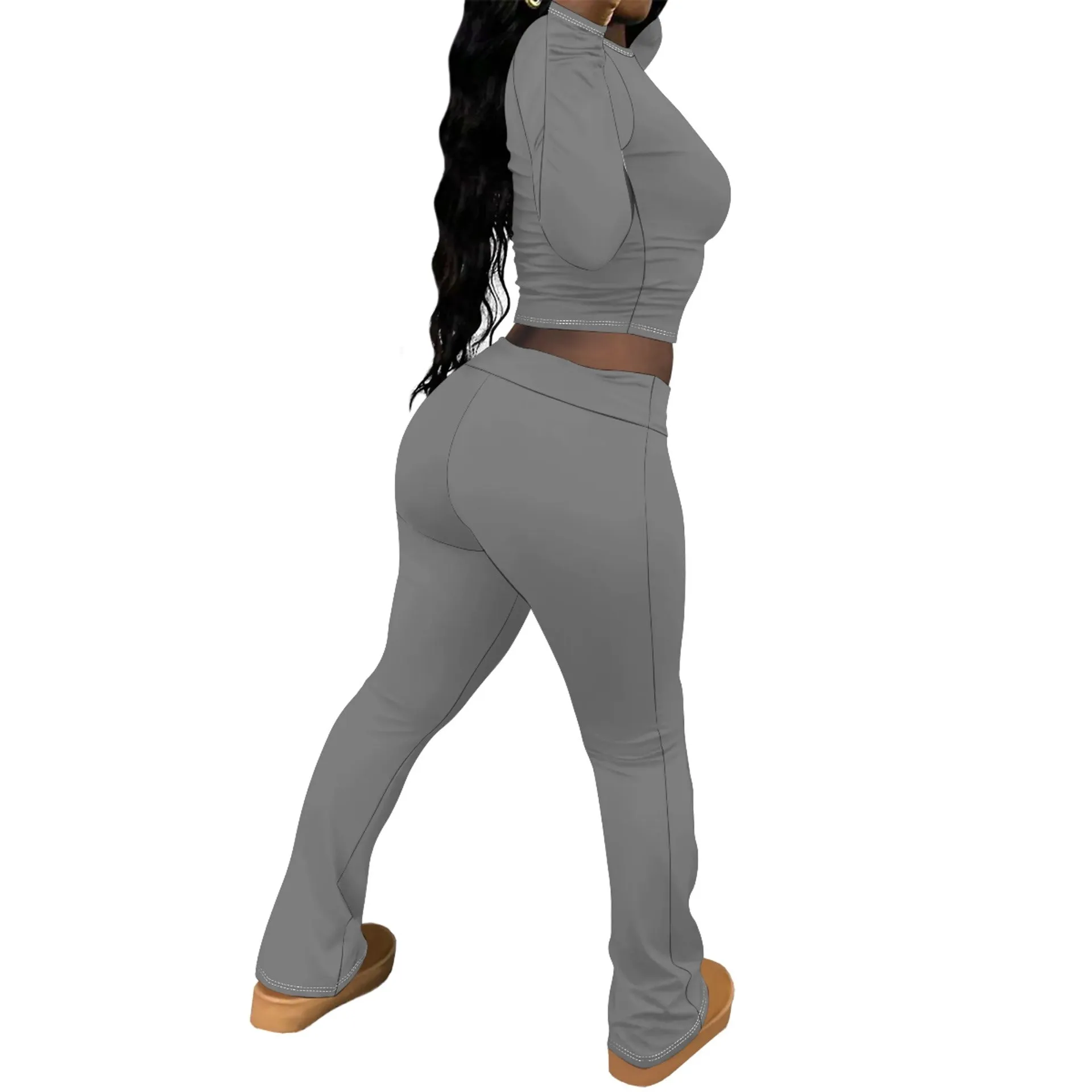Chic Solid Long Sleeve Crop Top and Flared Pants Two-Piece Set