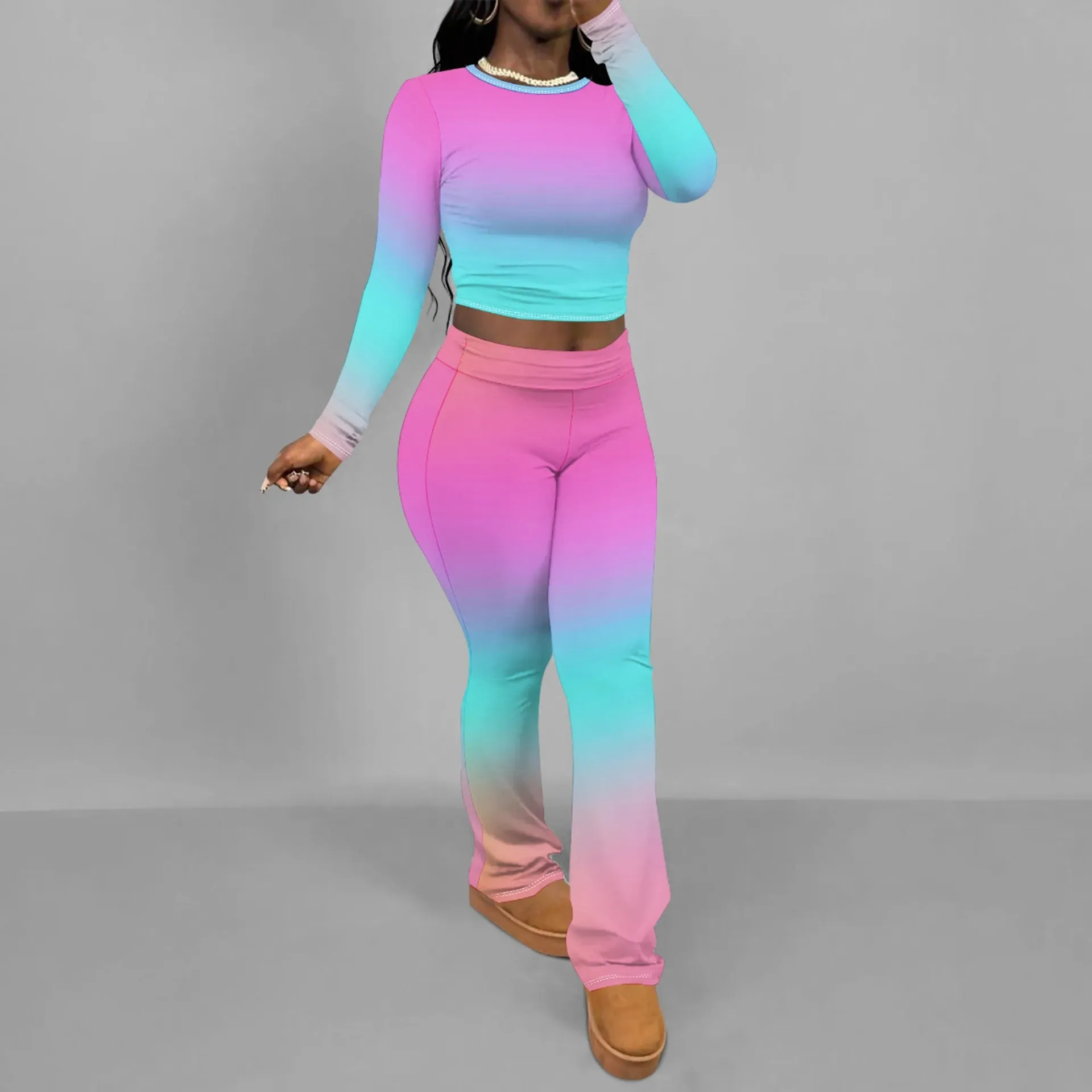 Chic Solid Long Sleeve Crop Top and Flared Pants Two-Piece Set