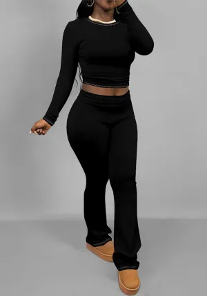 Chic Solid Long Sleeve Crop Top and Flared Pants Two-Piece Set