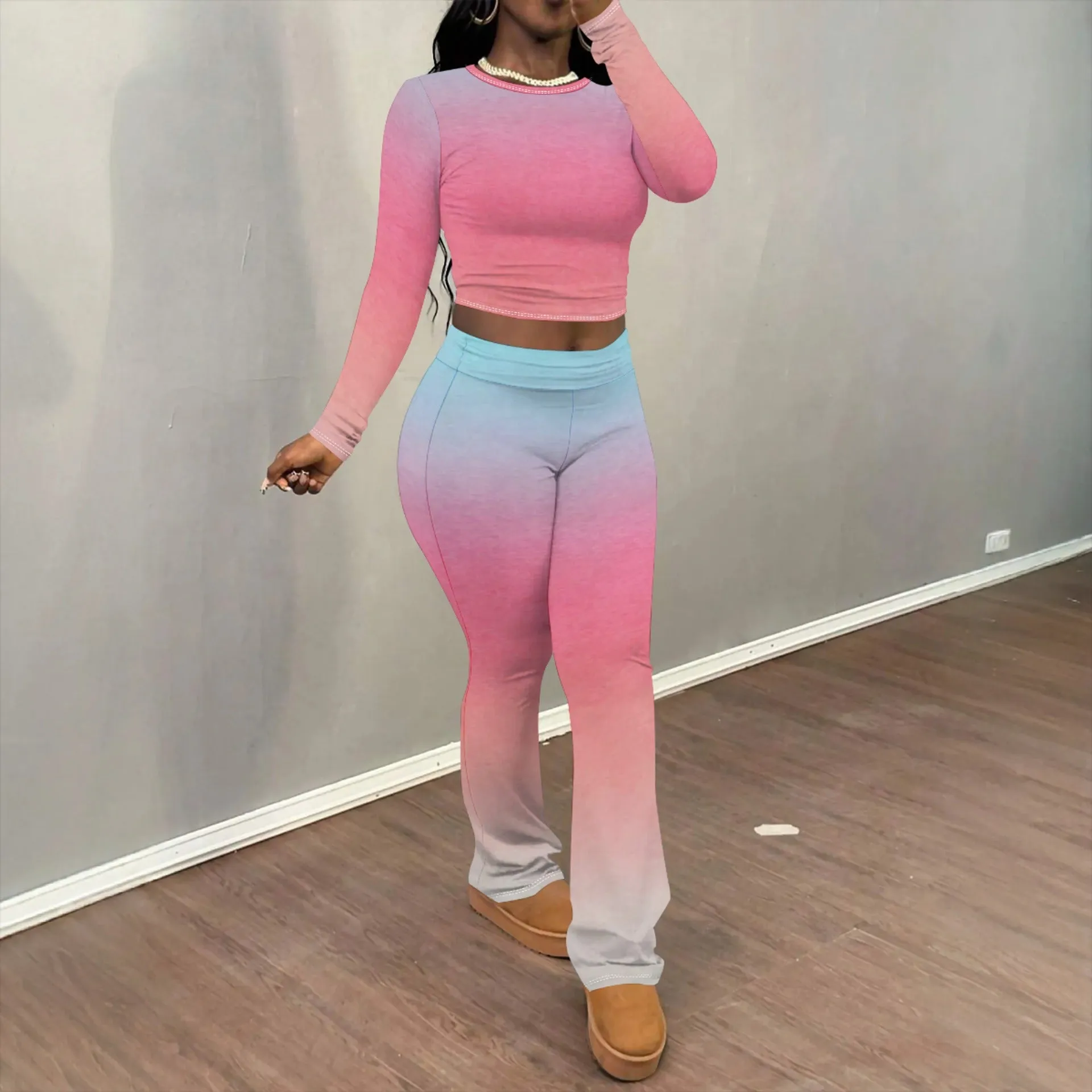 Chic Solid Long Sleeve Crop Top and Flared Pants Two-Piece Set