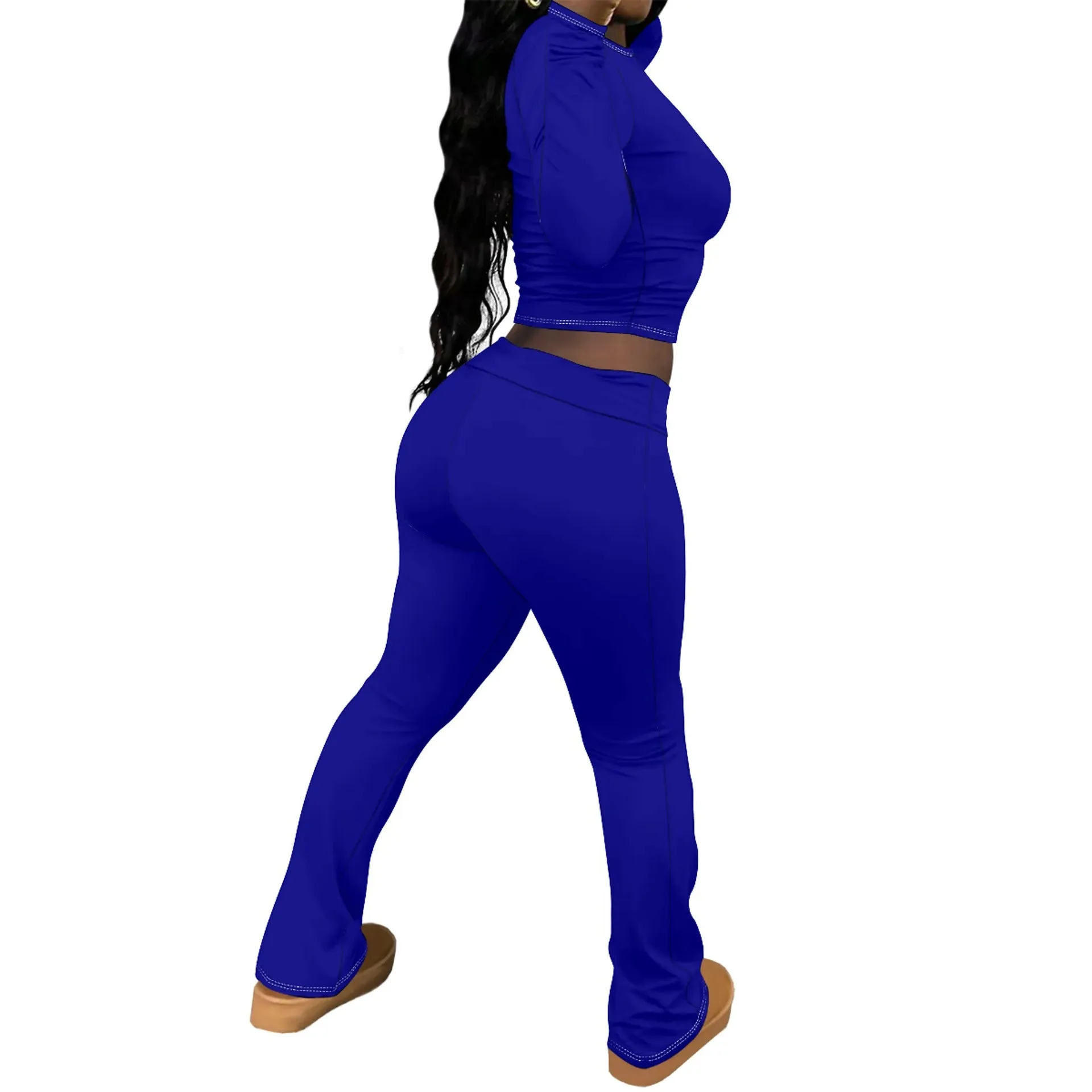 Chic Solid Long Sleeve Crop Top and Flared Pants Two-Piece Set