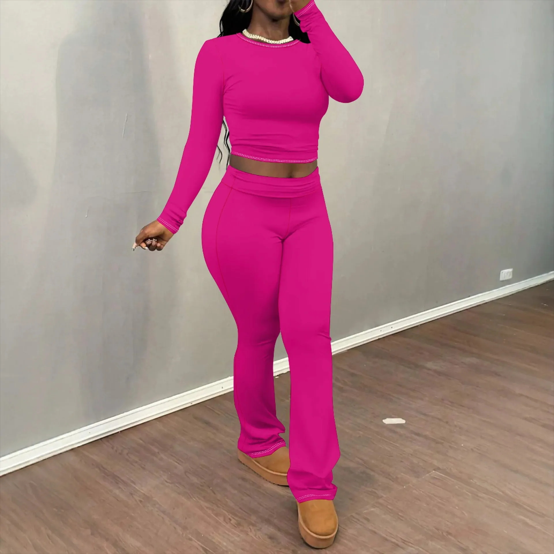 Chic Solid Long Sleeve Crop Top and Flared Pants Two-Piece Set