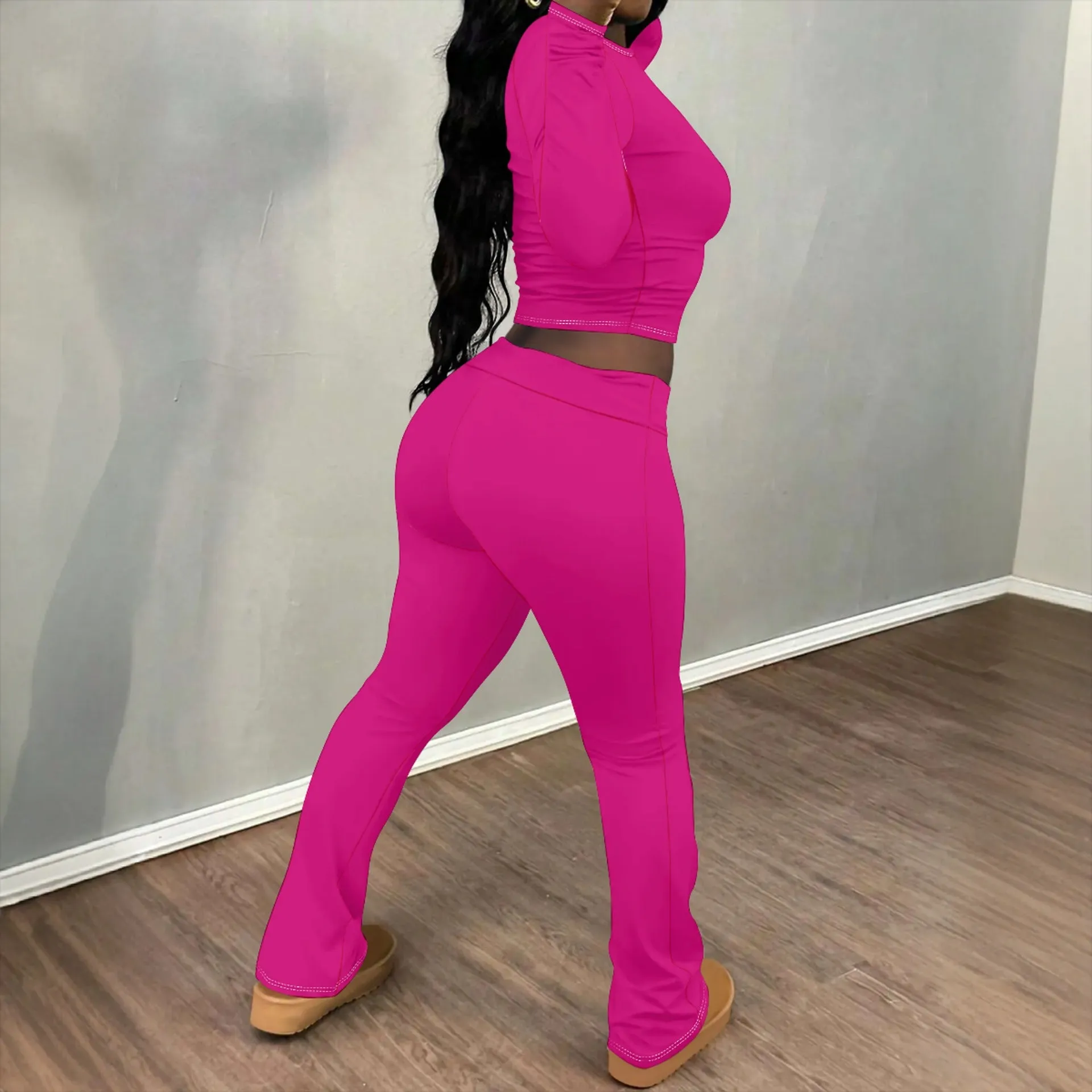 Chic Solid Long Sleeve Crop Top and Flared Pants Two-Piece Set