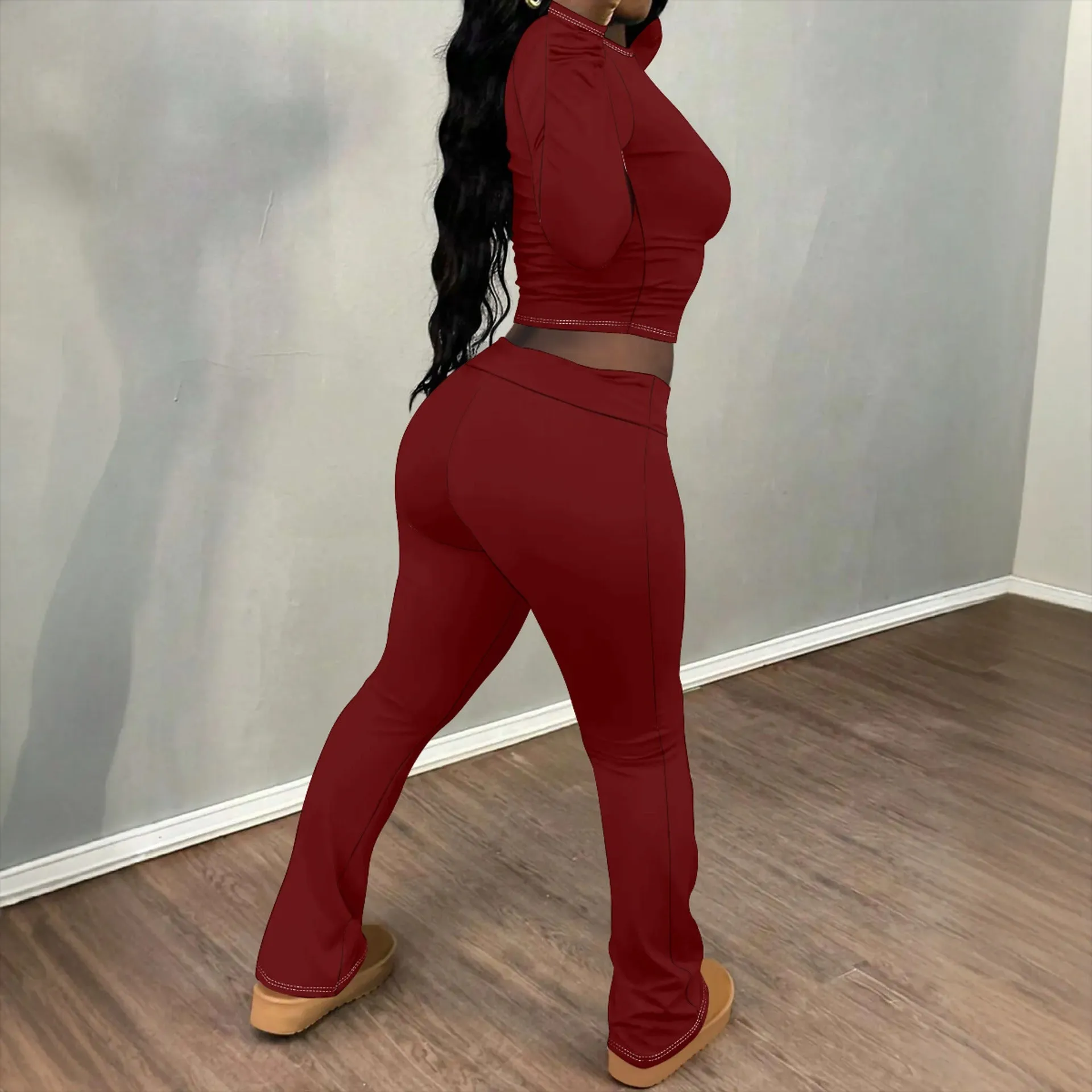 Chic Solid Long Sleeve Crop Top and Flared Pants Two-Piece Set