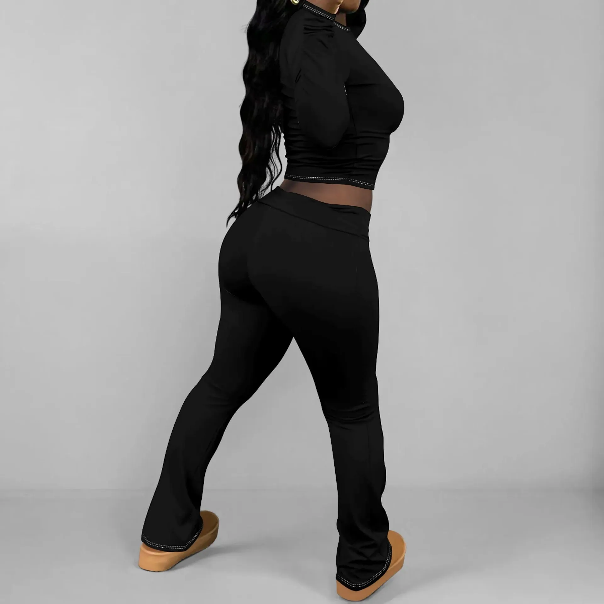 Chic Solid Long Sleeve Crop Top and Flared Pants Two-Piece Set