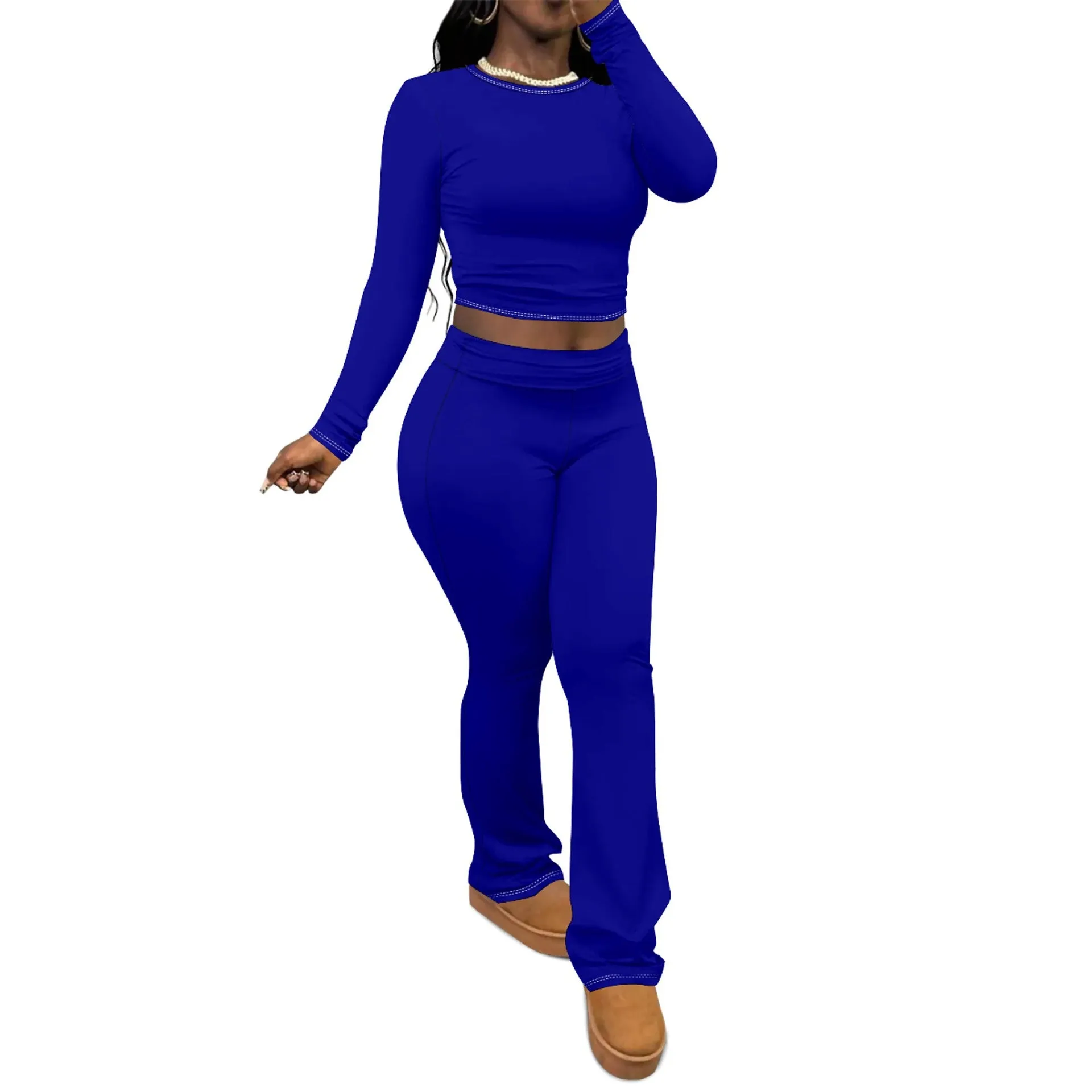 Chic Solid Long Sleeve Crop Top and Flared Pants Two-Piece Set