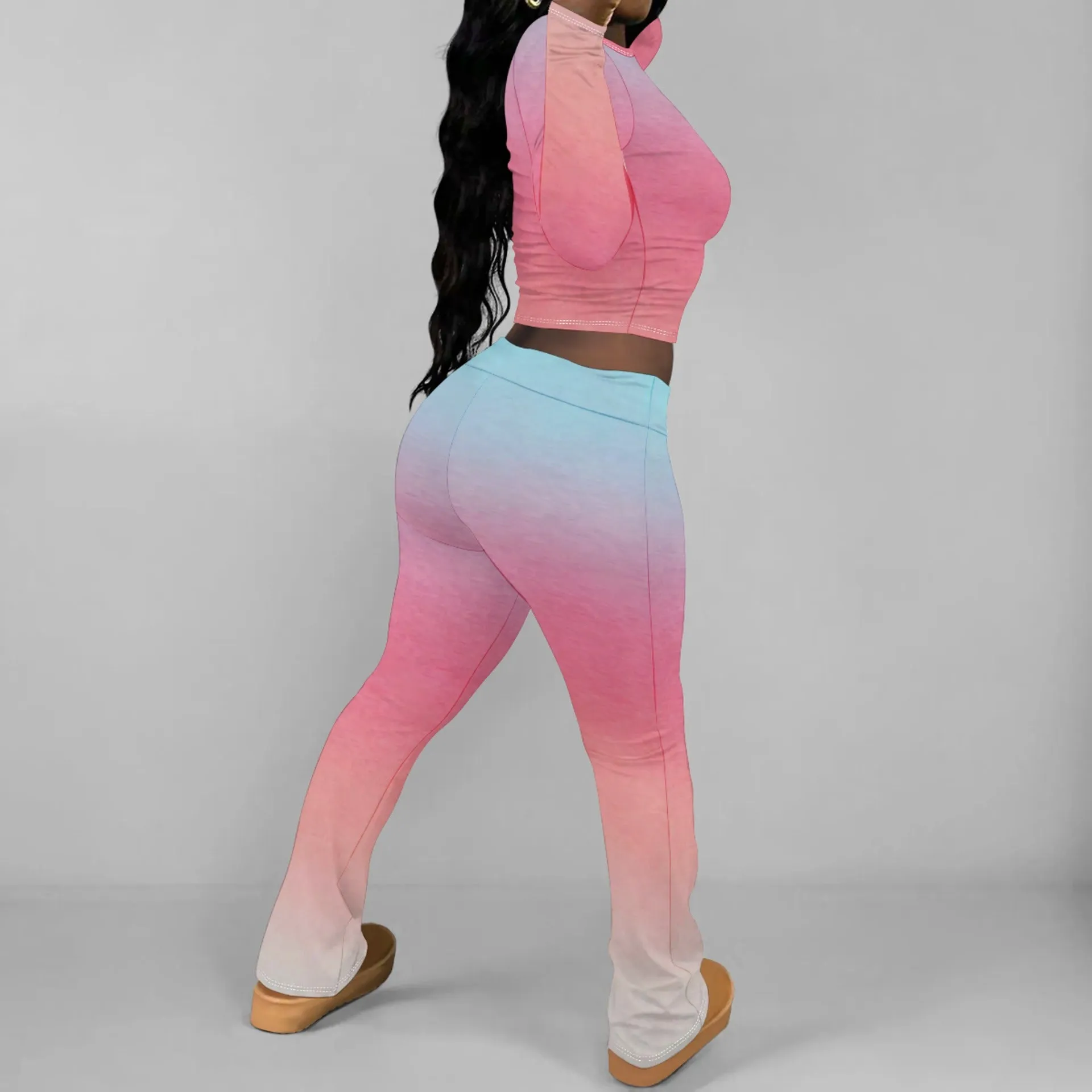 Chic Solid Long Sleeve Crop Top and Flared Pants Two-Piece Set