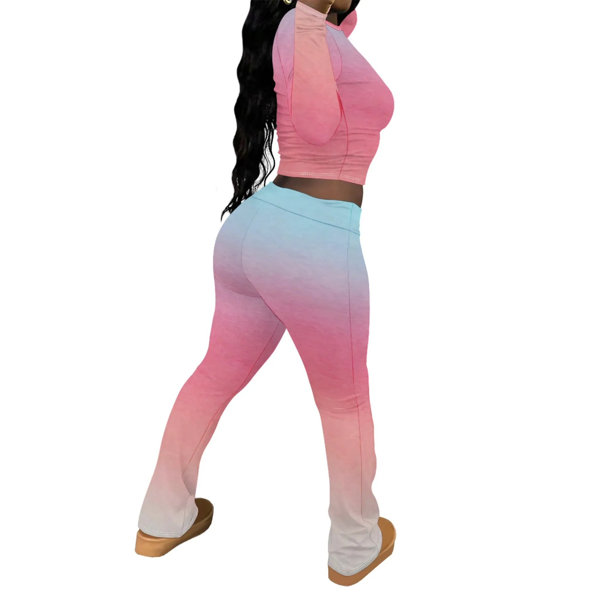 Chic Solid Long Sleeve Crop Top and Flared Pants Two-Piece Set
