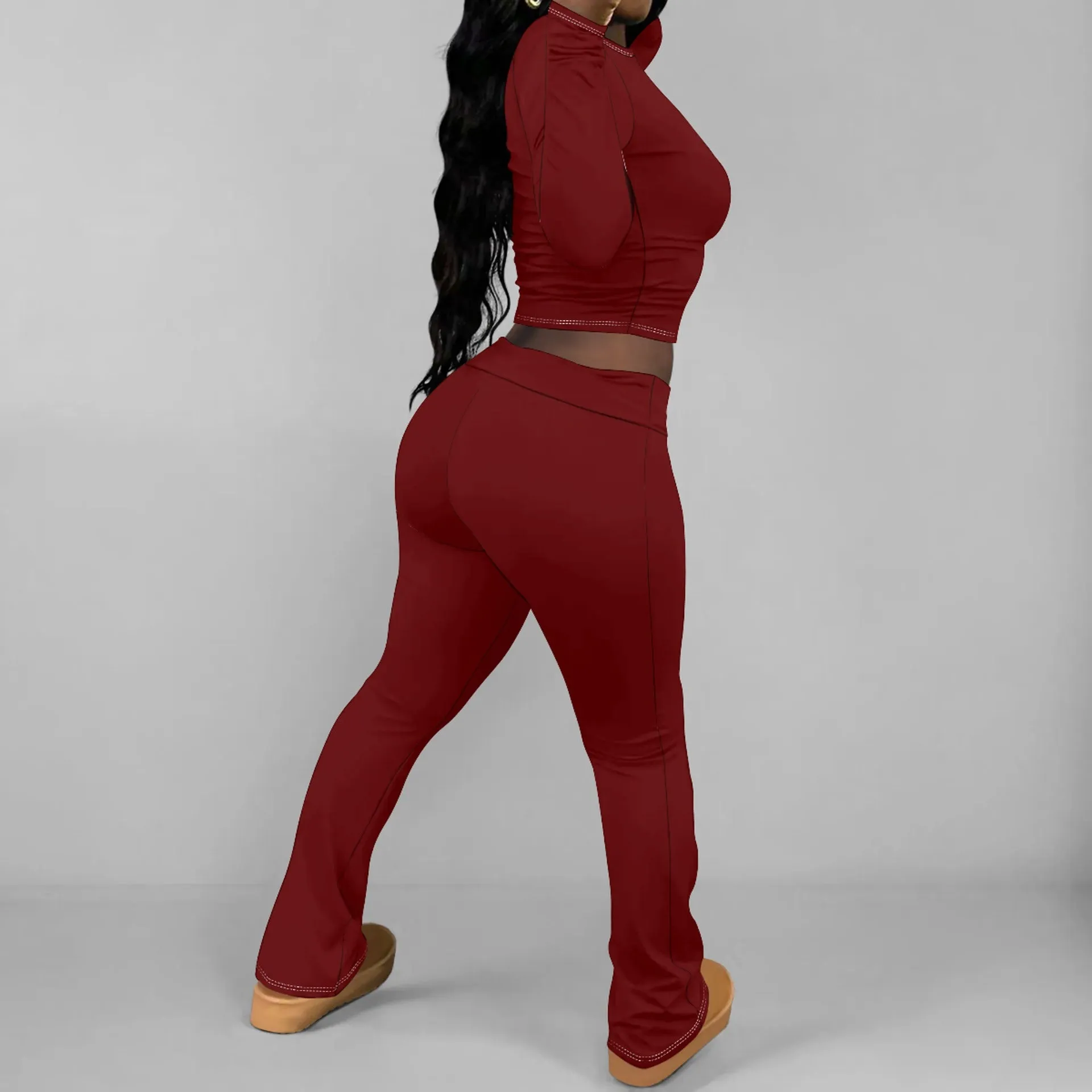 Chic Solid Long Sleeve Crop Top and Flared Pants Two-Piece Set