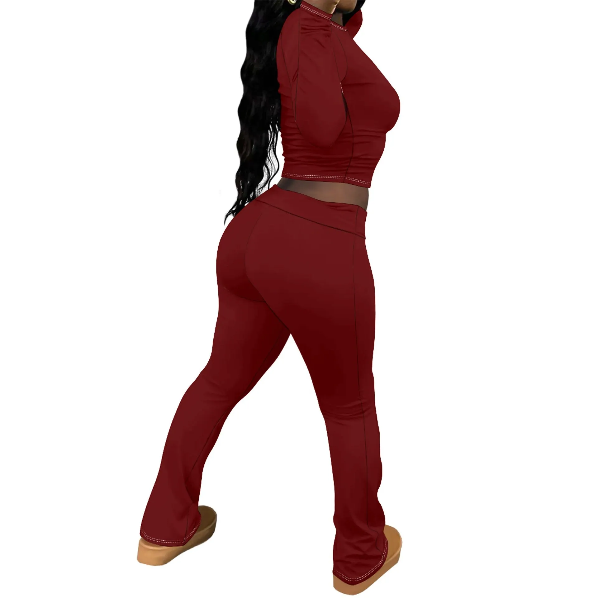 Chic Solid Long Sleeve Crop Top and Flared Pants Two-Piece Set