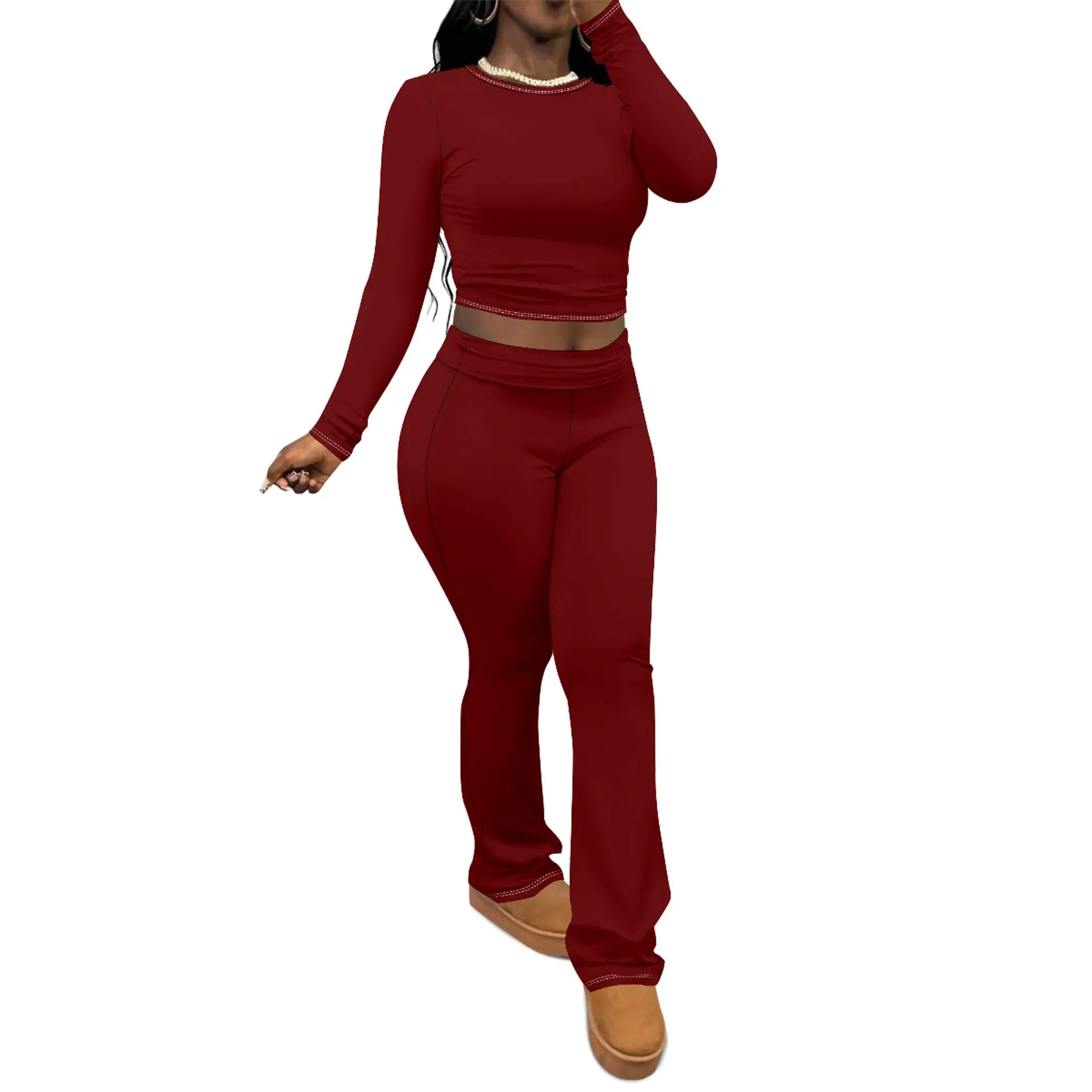 Chic Solid Long Sleeve Crop Top and Flared Pants Two-Piece Set