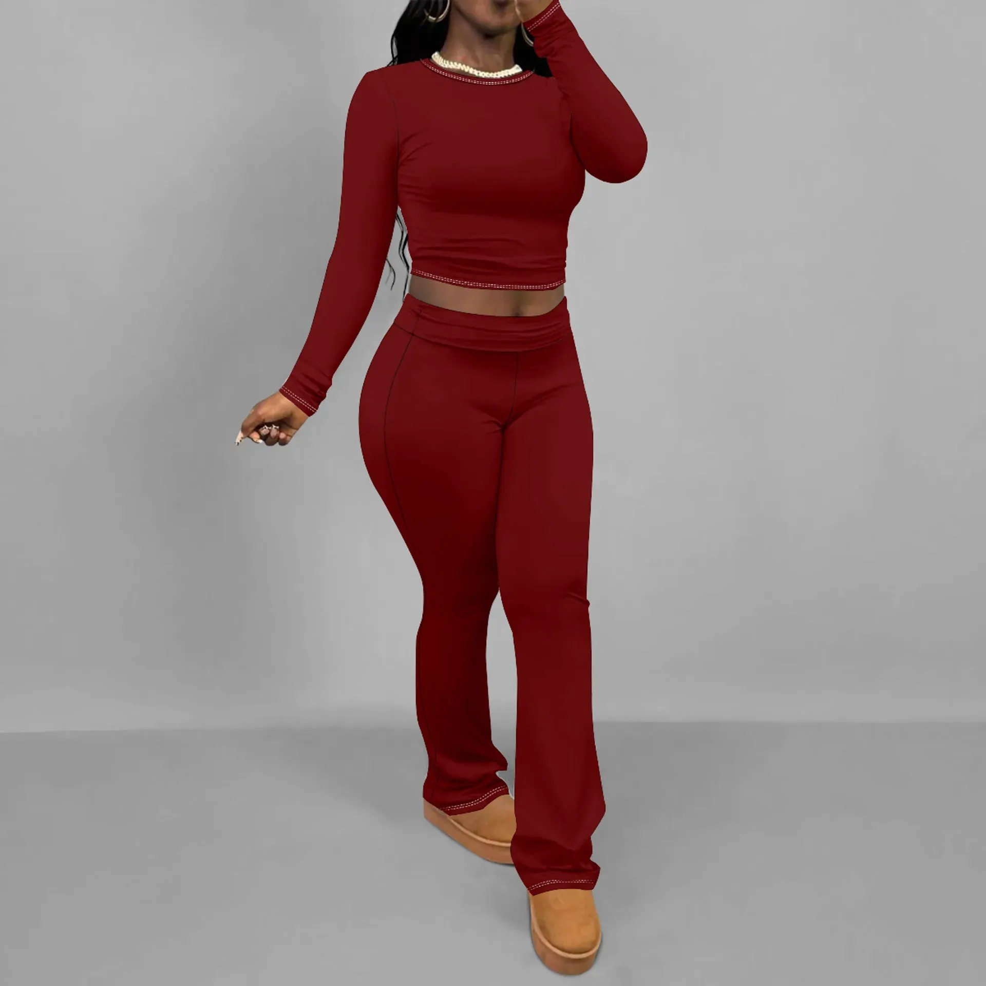 Chic Solid Long Sleeve Crop Top and Flared Pants Two-Piece Set