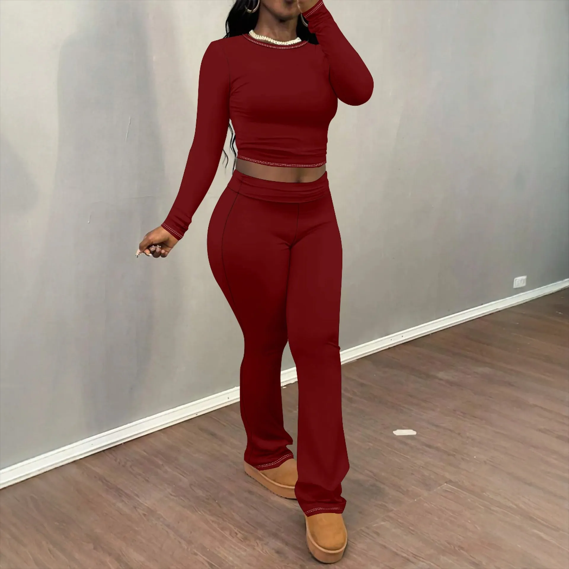 Chic Solid Long Sleeve Crop Top and Flared Pants Two-Piece Set