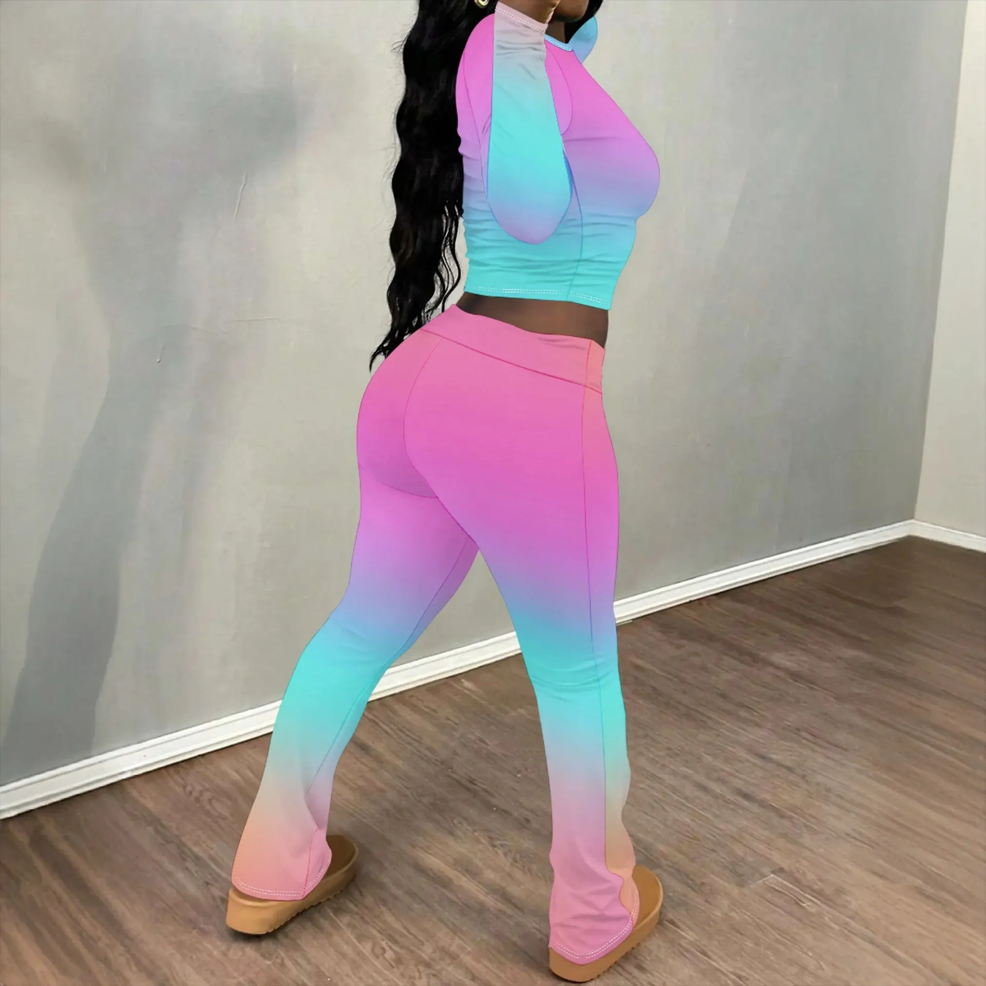 Chic Solid Long Sleeve Crop Top and Flared Pants Two-Piece Set