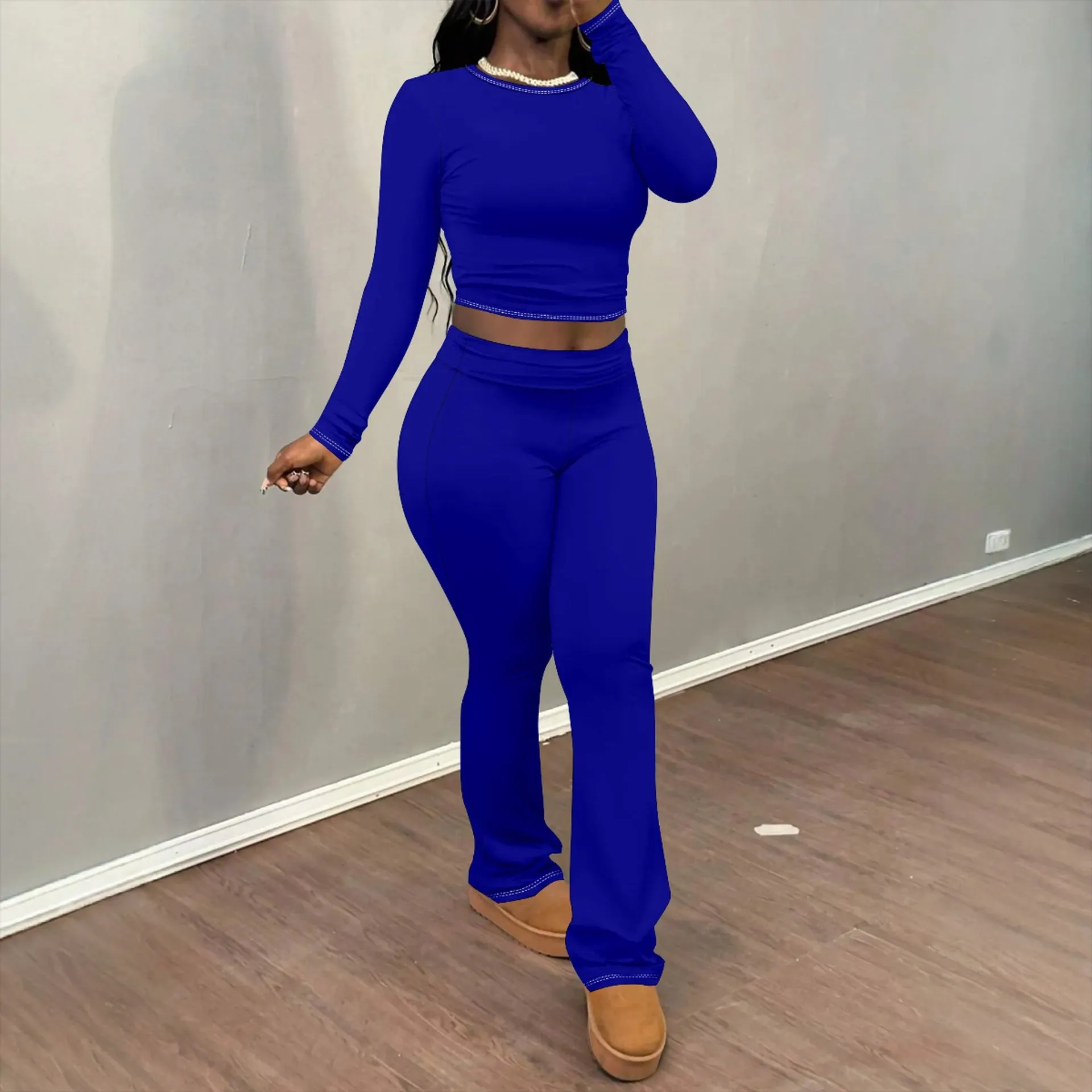 Chic Solid Long Sleeve Crop Top and Flared Pants Two-Piece Set