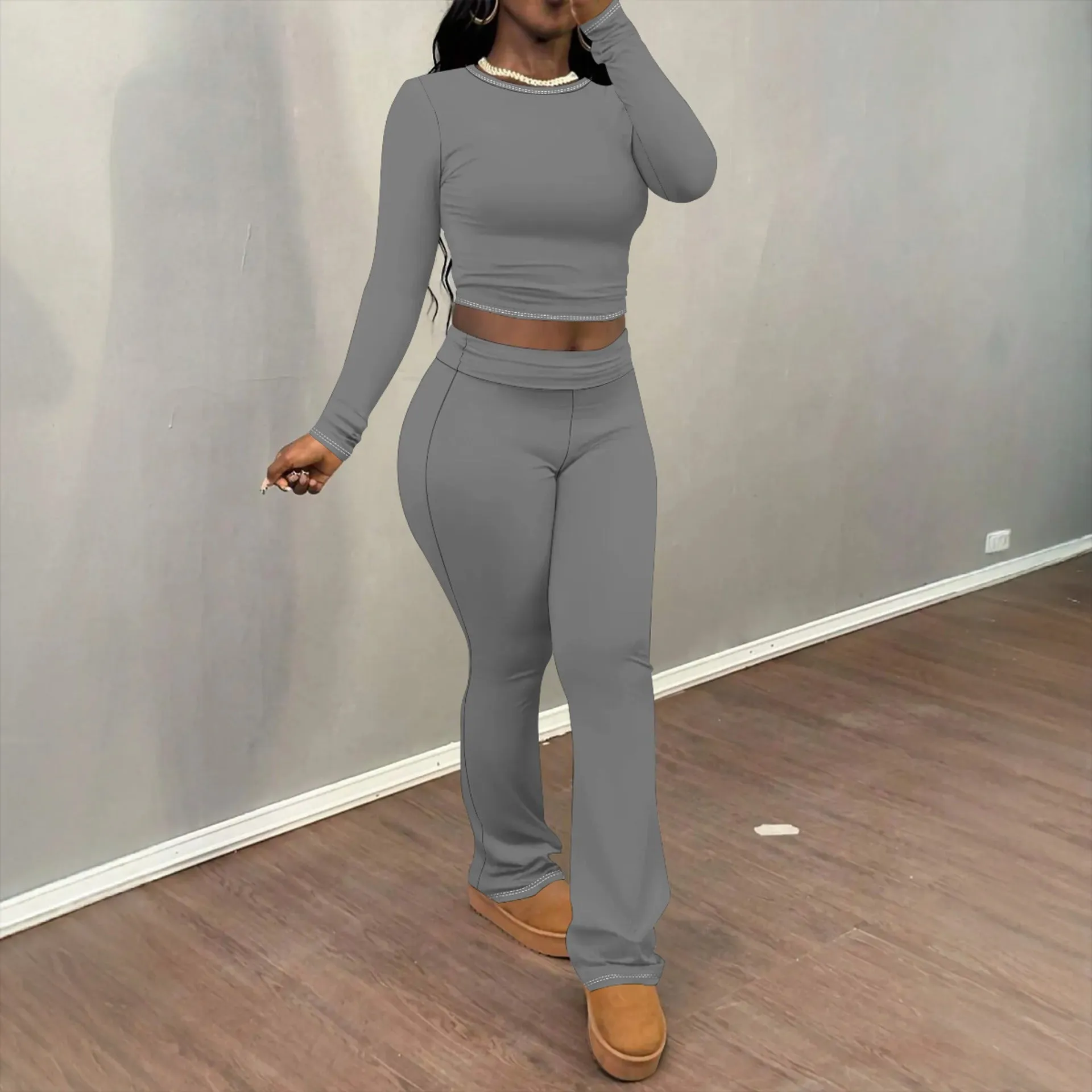 Chic Solid Long Sleeve Crop Top and Flared Pants Two-Piece Set