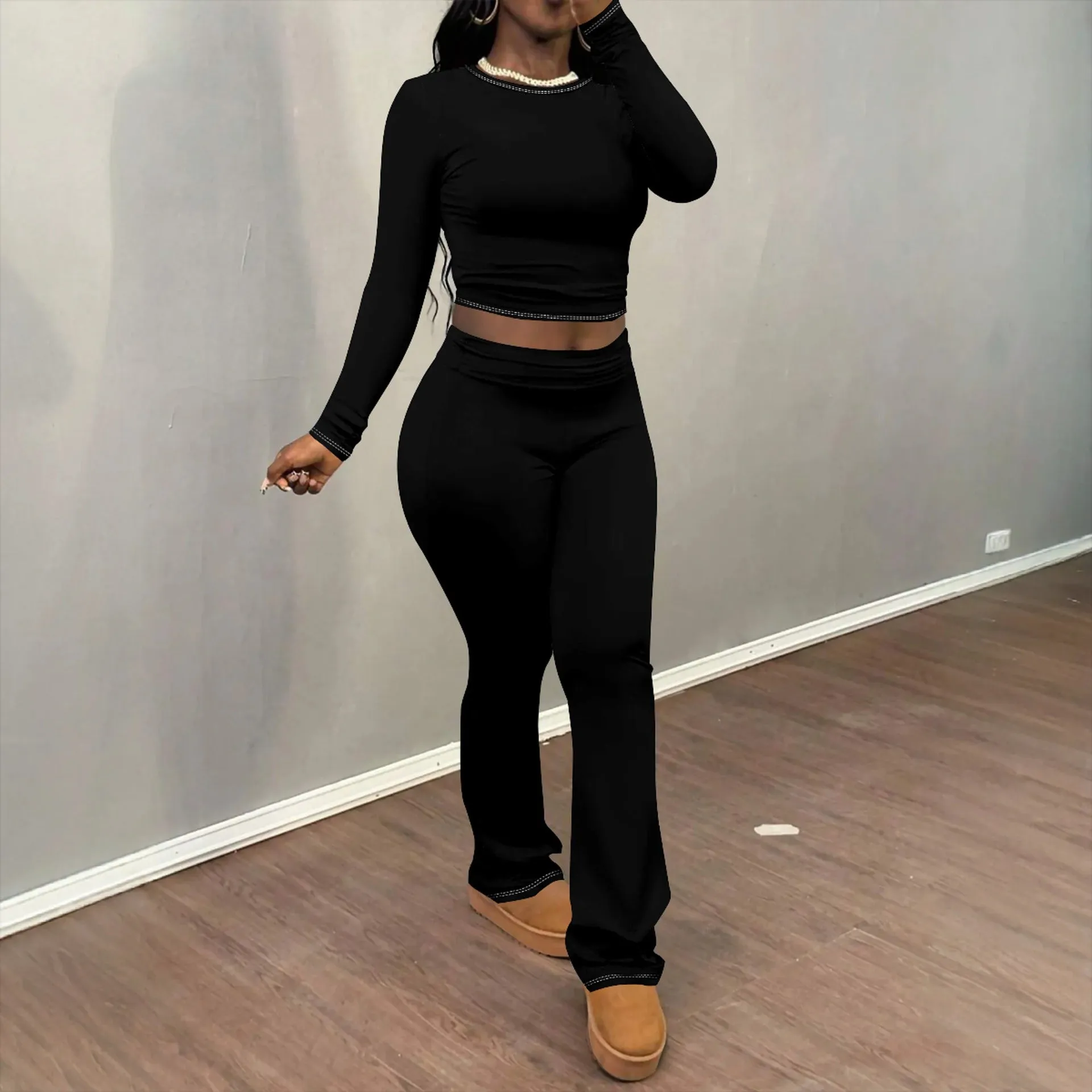 Chic Solid Long Sleeve Crop Top and Flared Pants Two-Piece Set