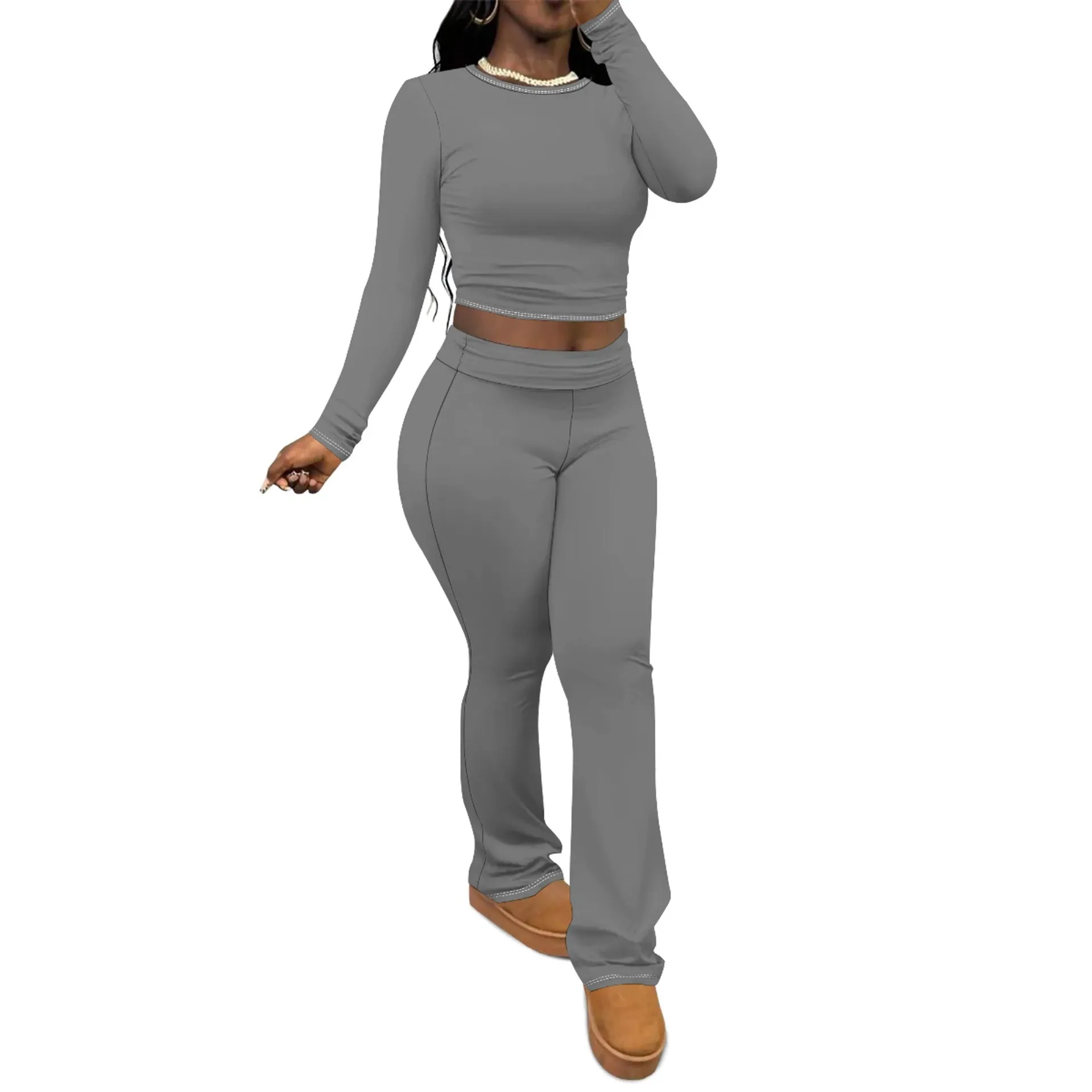 Chic Solid Long Sleeve Crop Top and Flared Pants Two-Piece Set