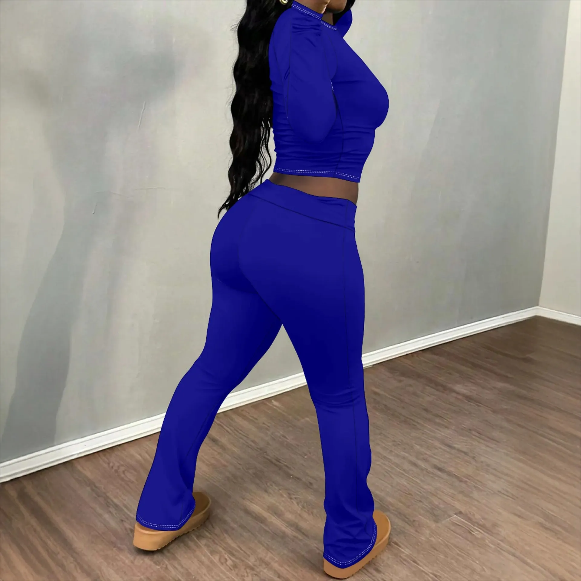 Chic Solid Long Sleeve Crop Top and Flared Pants Two-Piece Set