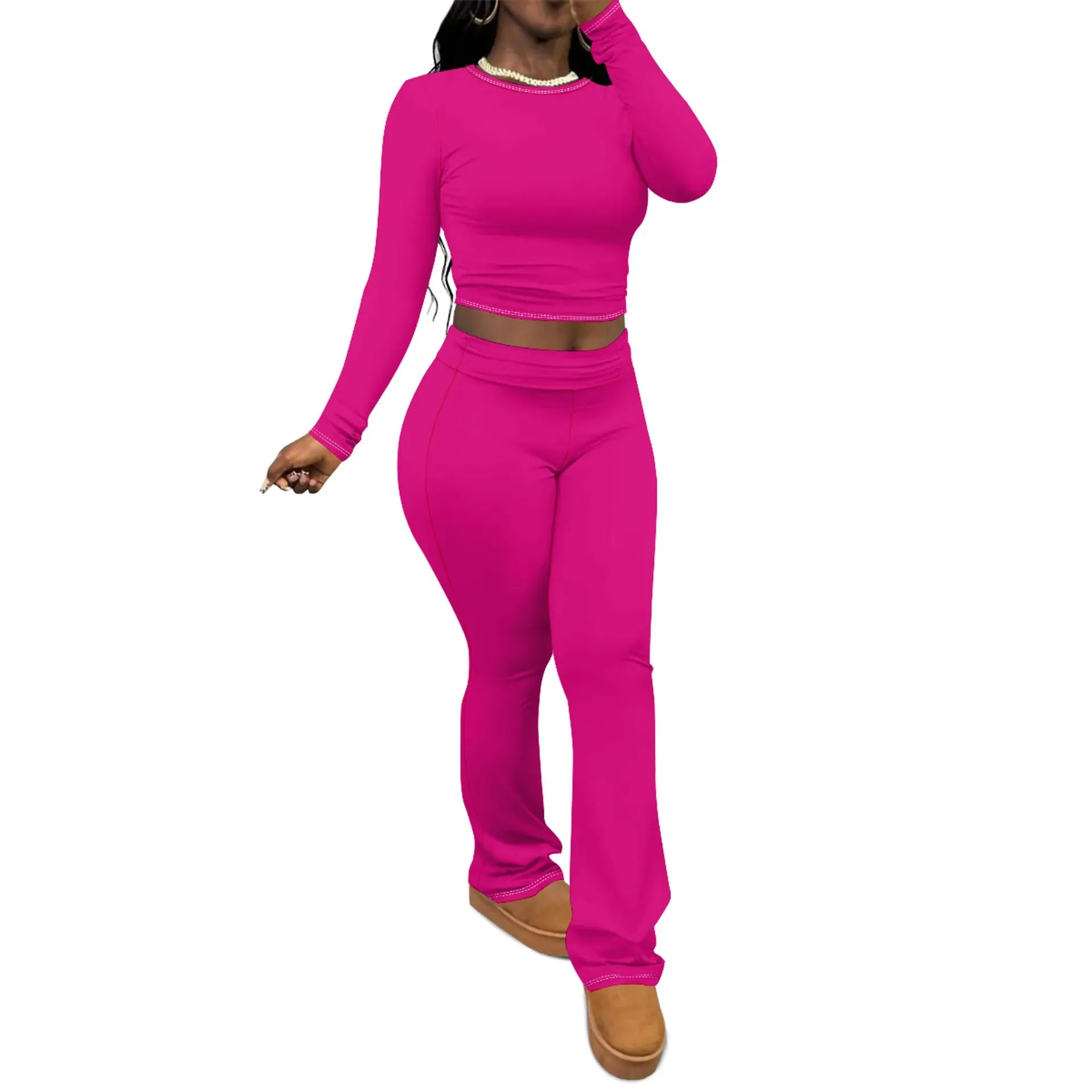 Chic Solid Long Sleeve Crop Top and Flared Pants Two-Piece Set