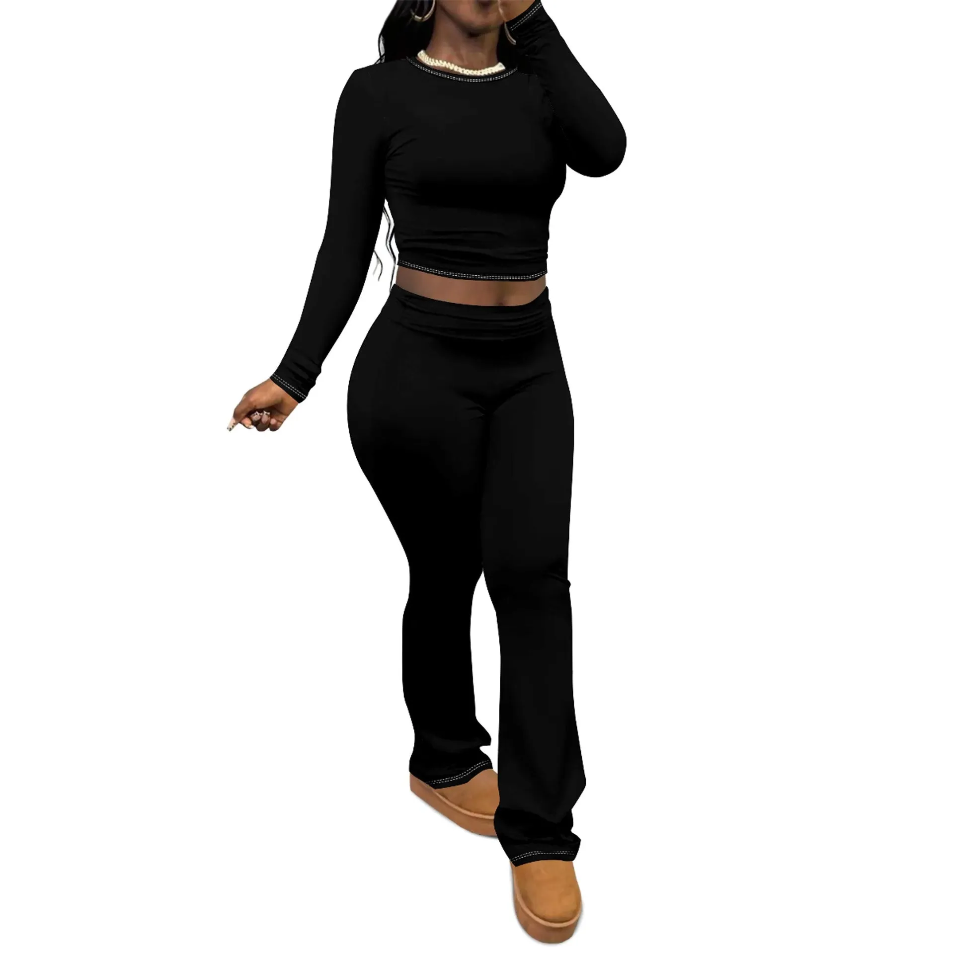 Chic Solid Long Sleeve Crop Top and Flared Pants Two-Piece Set