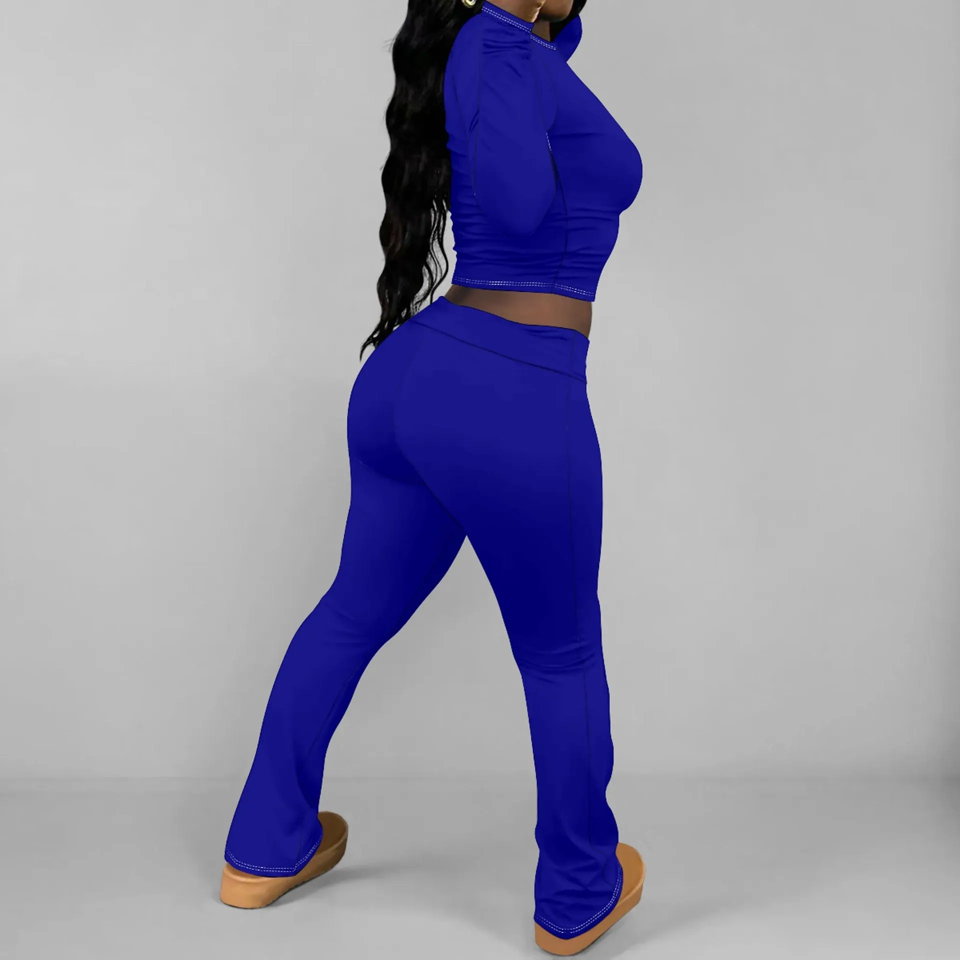 Chic Solid Long Sleeve Crop Top and Flared Pants Two-Piece Set