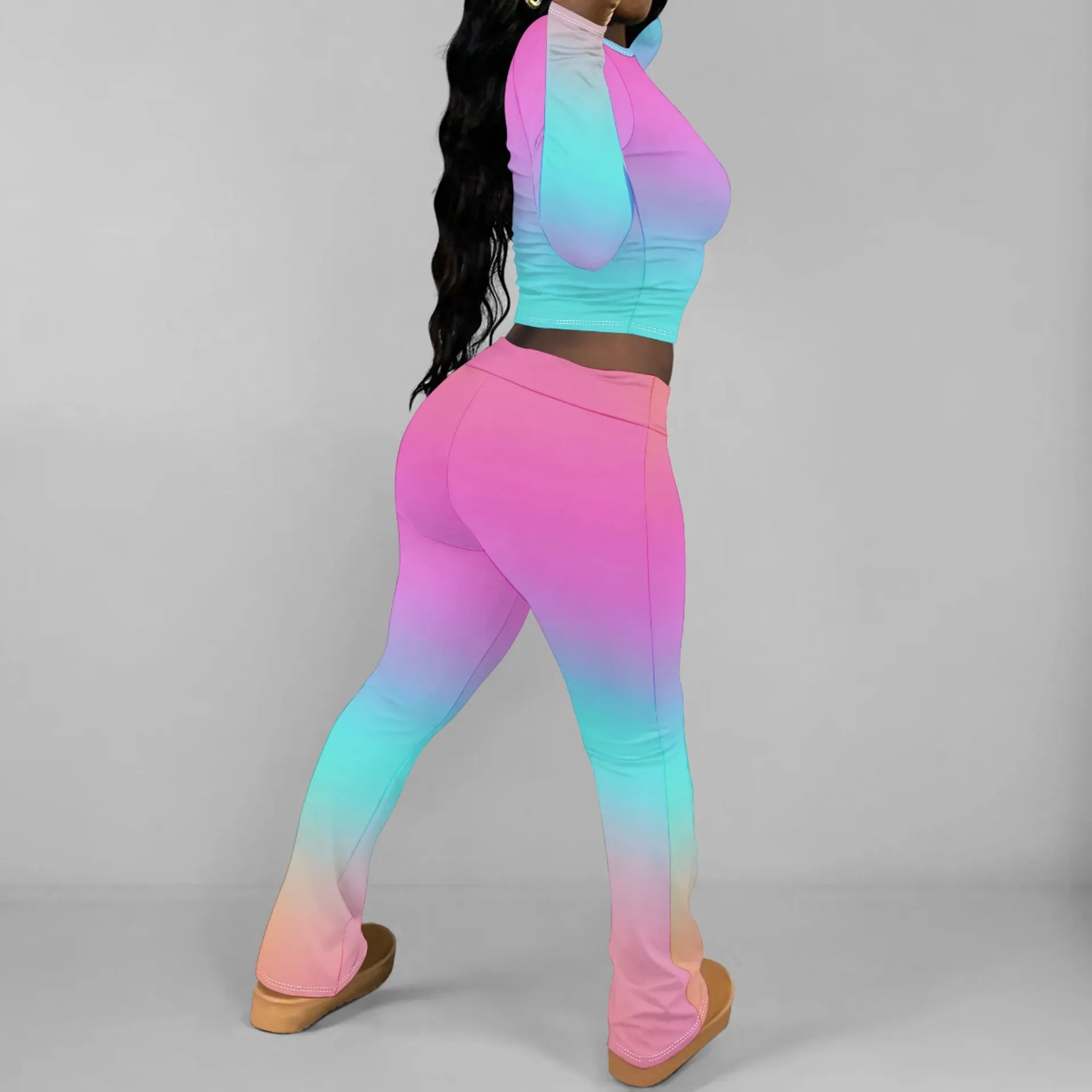 Chic Solid Long Sleeve Crop Top and Flared Pants Two-Piece Set
