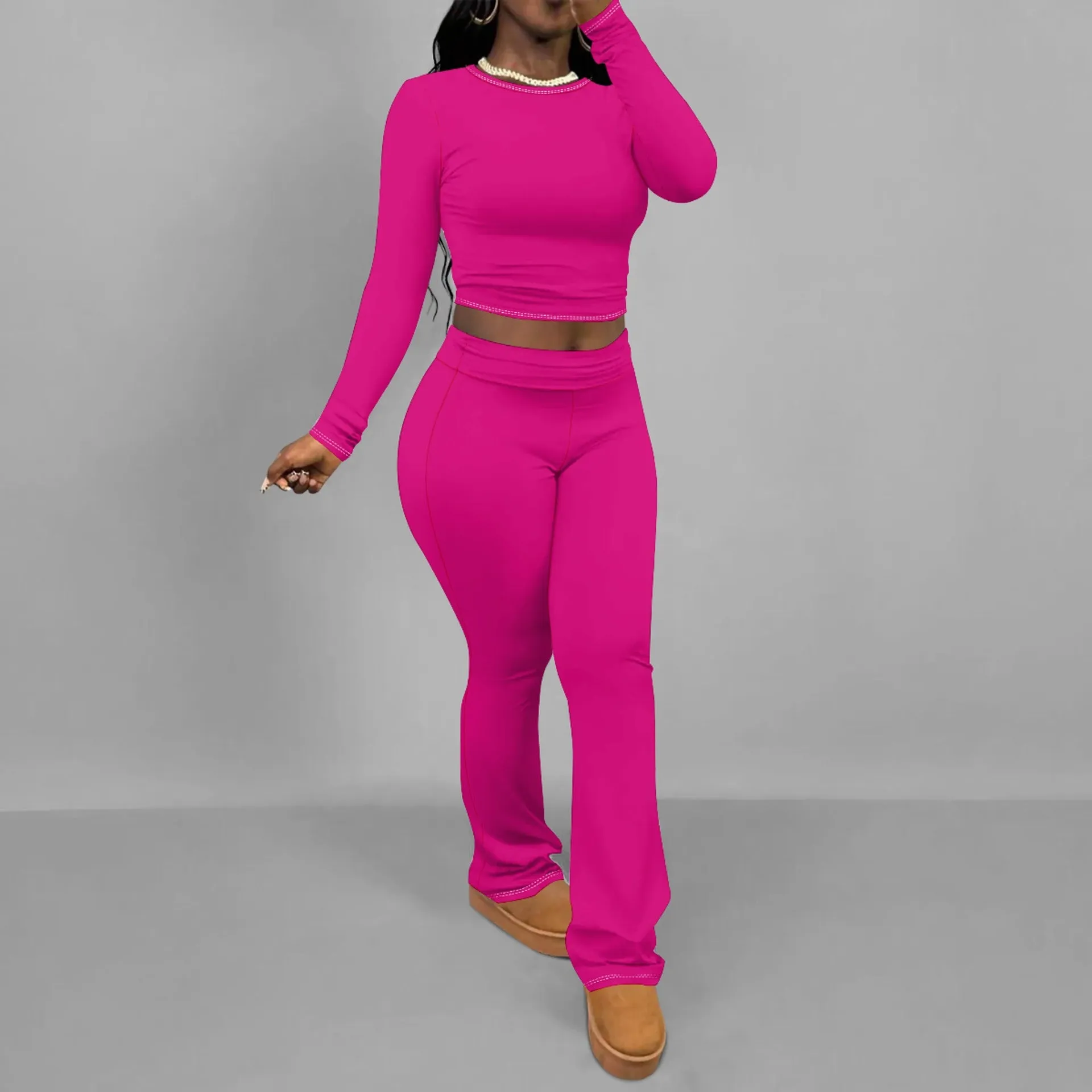 Chic Solid Long Sleeve Crop Top and Flared Pants Two-Piece Set