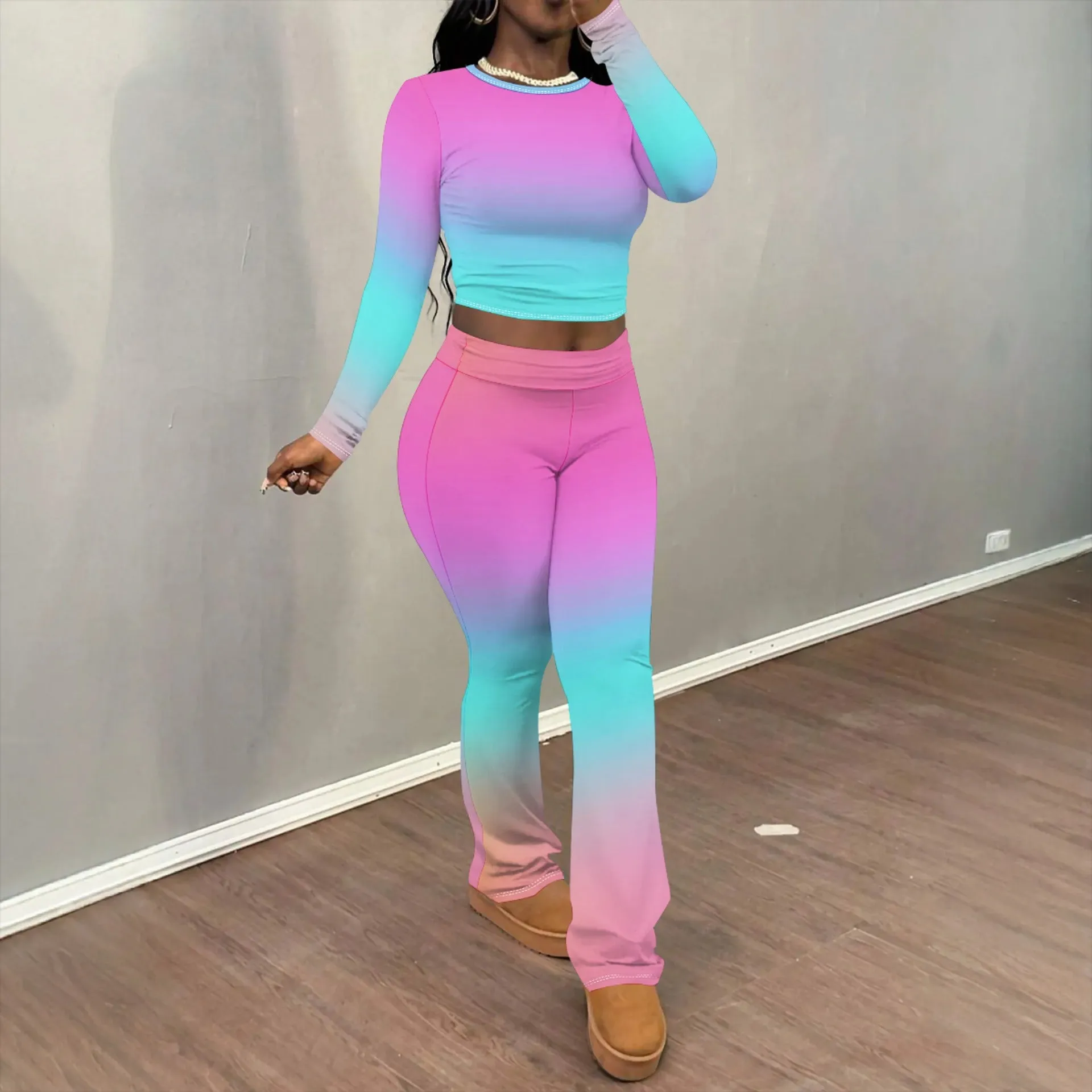 Chic Solid Long Sleeve Crop Top and Flared Pants Two-Piece Set