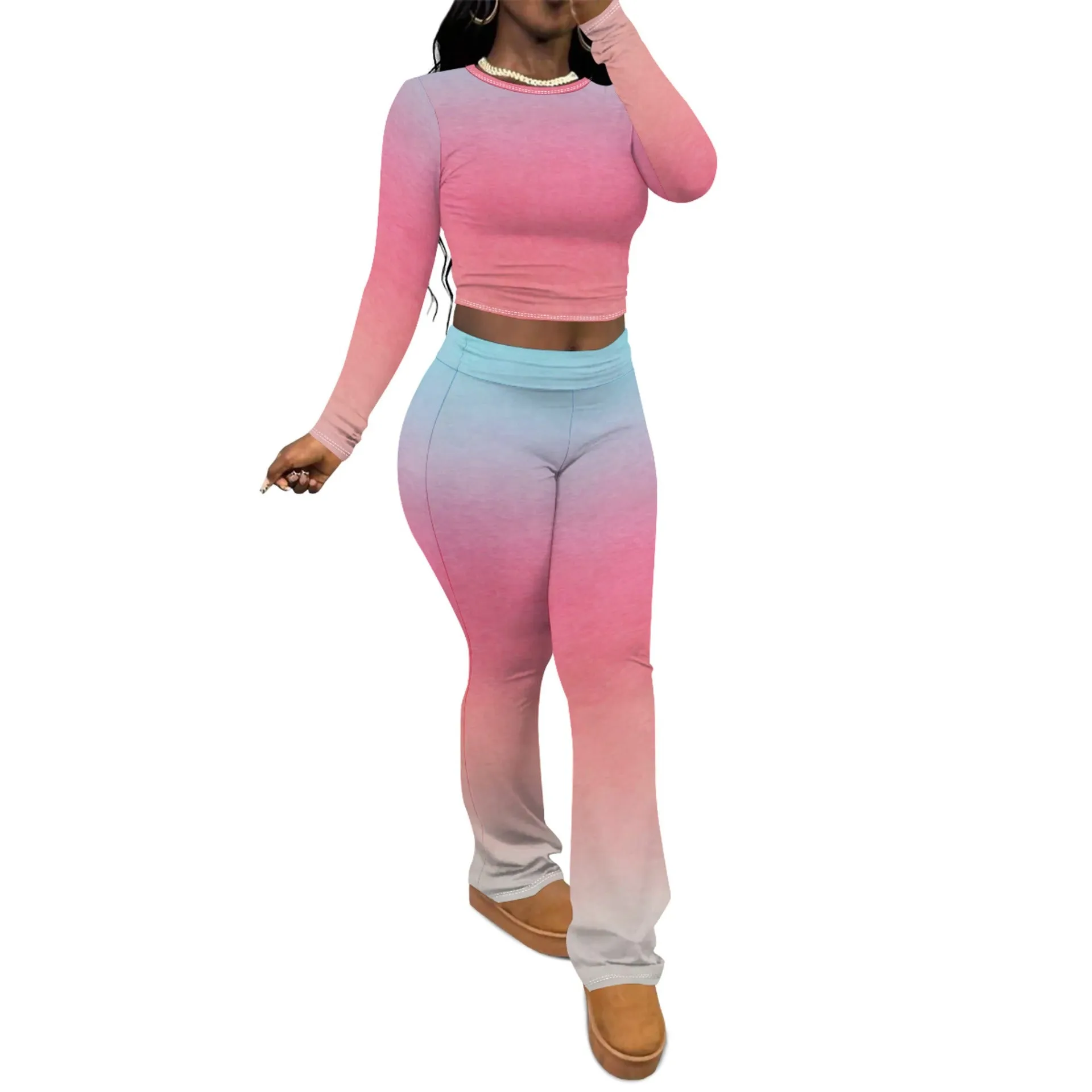 Chic Solid Long Sleeve Crop Top and Flared Pants Two-Piece Set