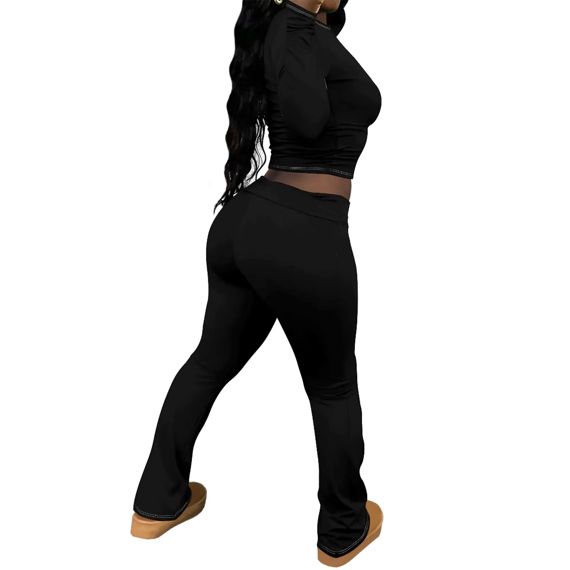 Chic Solid Long Sleeve Crop Top and Flared Pants Two-Piece Set
