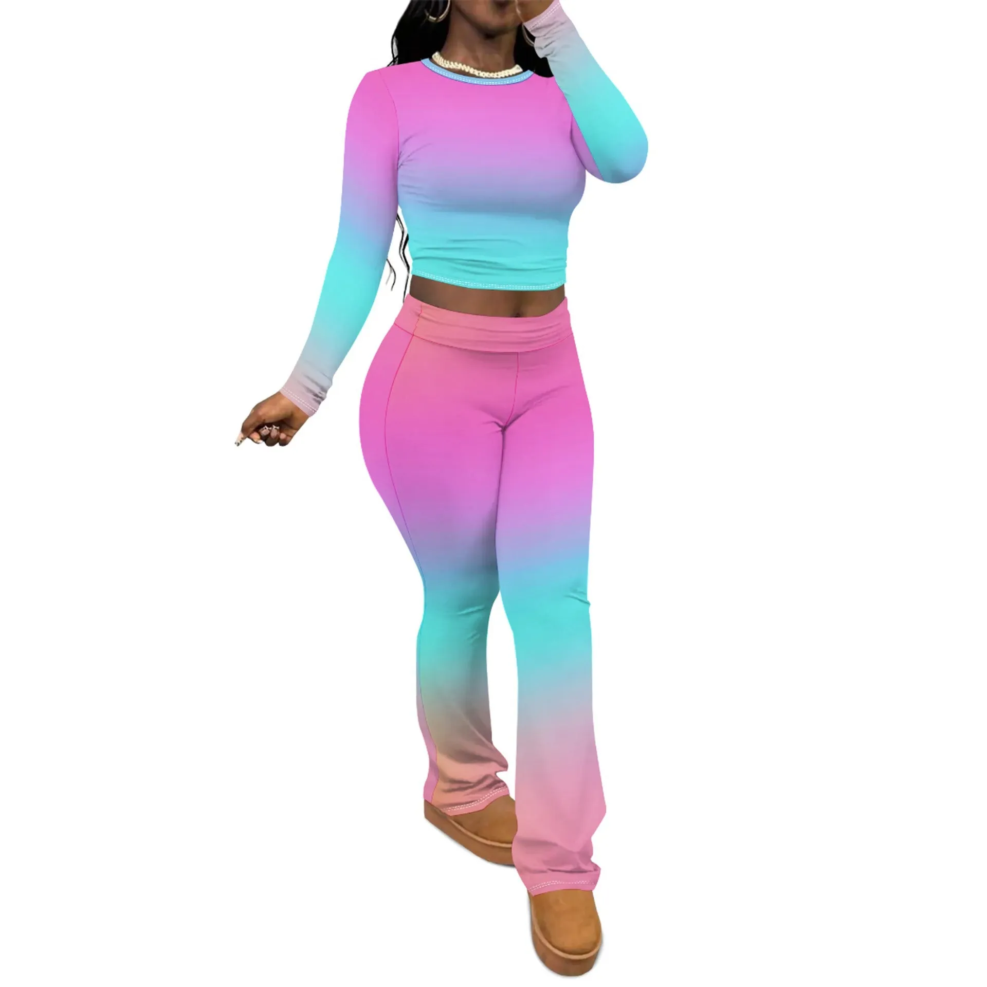 Chic Solid Long Sleeve Crop Top and Flared Pants Two-Piece Set