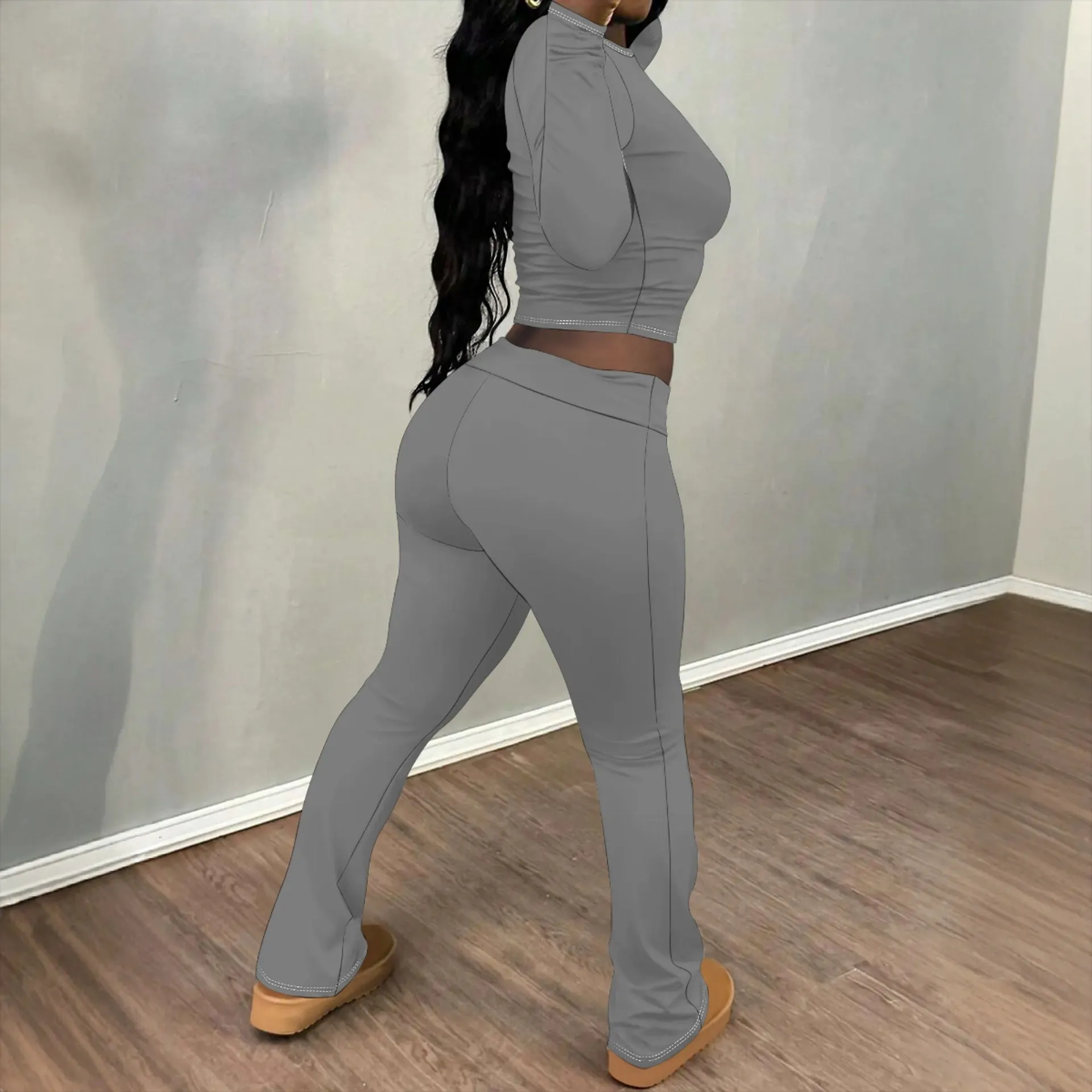 Chic Solid Long Sleeve Crop Top and Flared Pants Two-Piece Set
