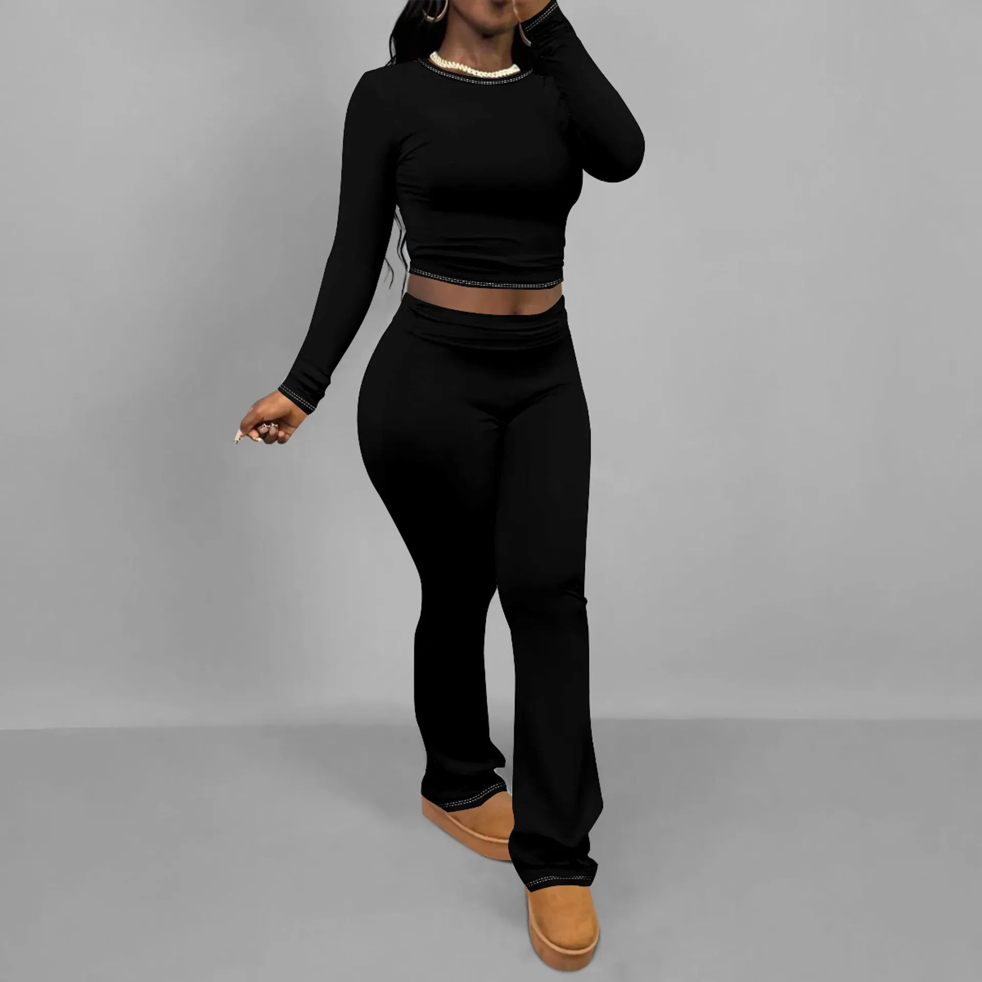 Chic Solid Long Sleeve Crop Top and Flared Pants Two-Piece Set