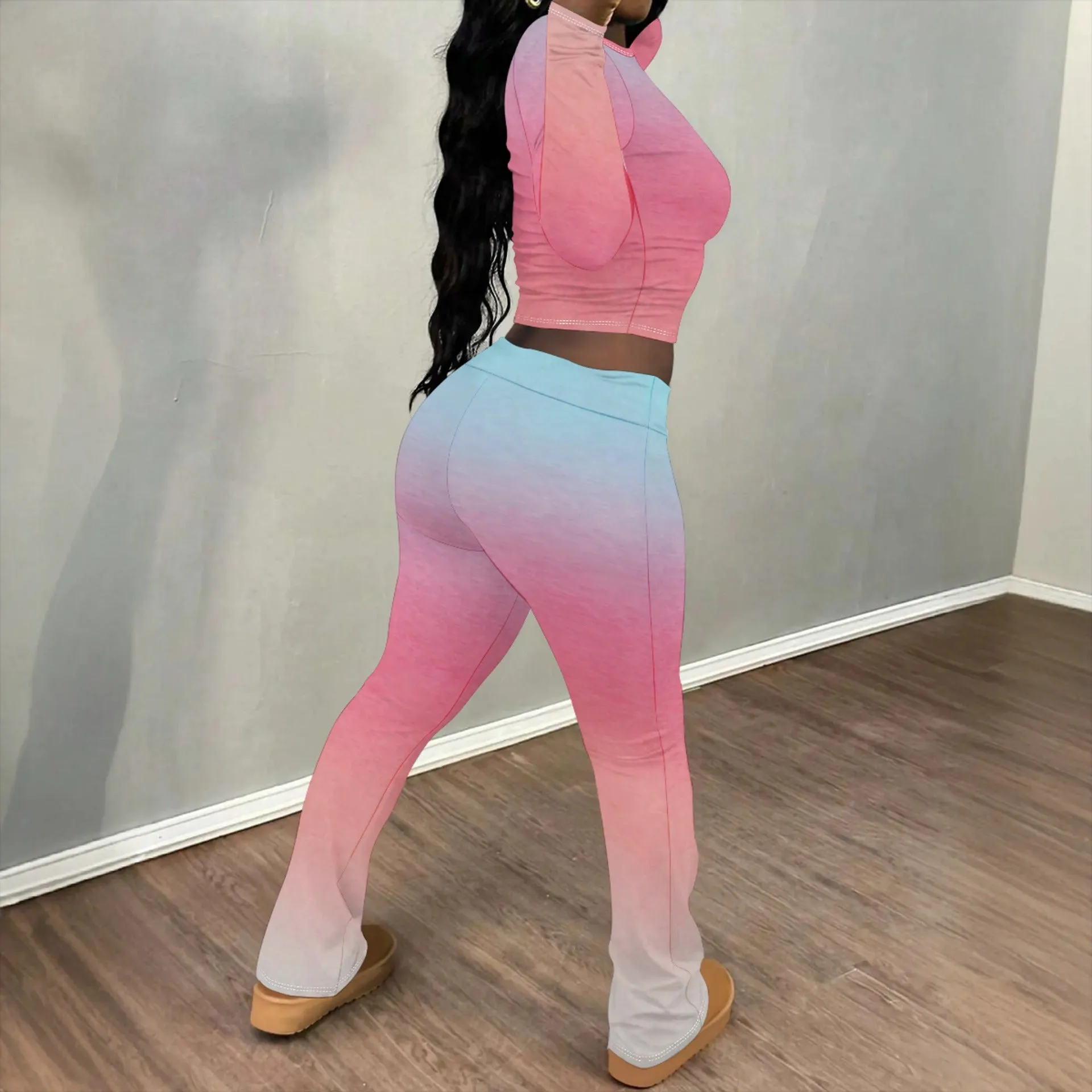 Chic Solid Long Sleeve Crop Top and Flared Pants Two-Piece Set