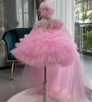 Children's Dress Sequin Feather Long Sleeve Trailing Birthday Party Girls Evening Dress