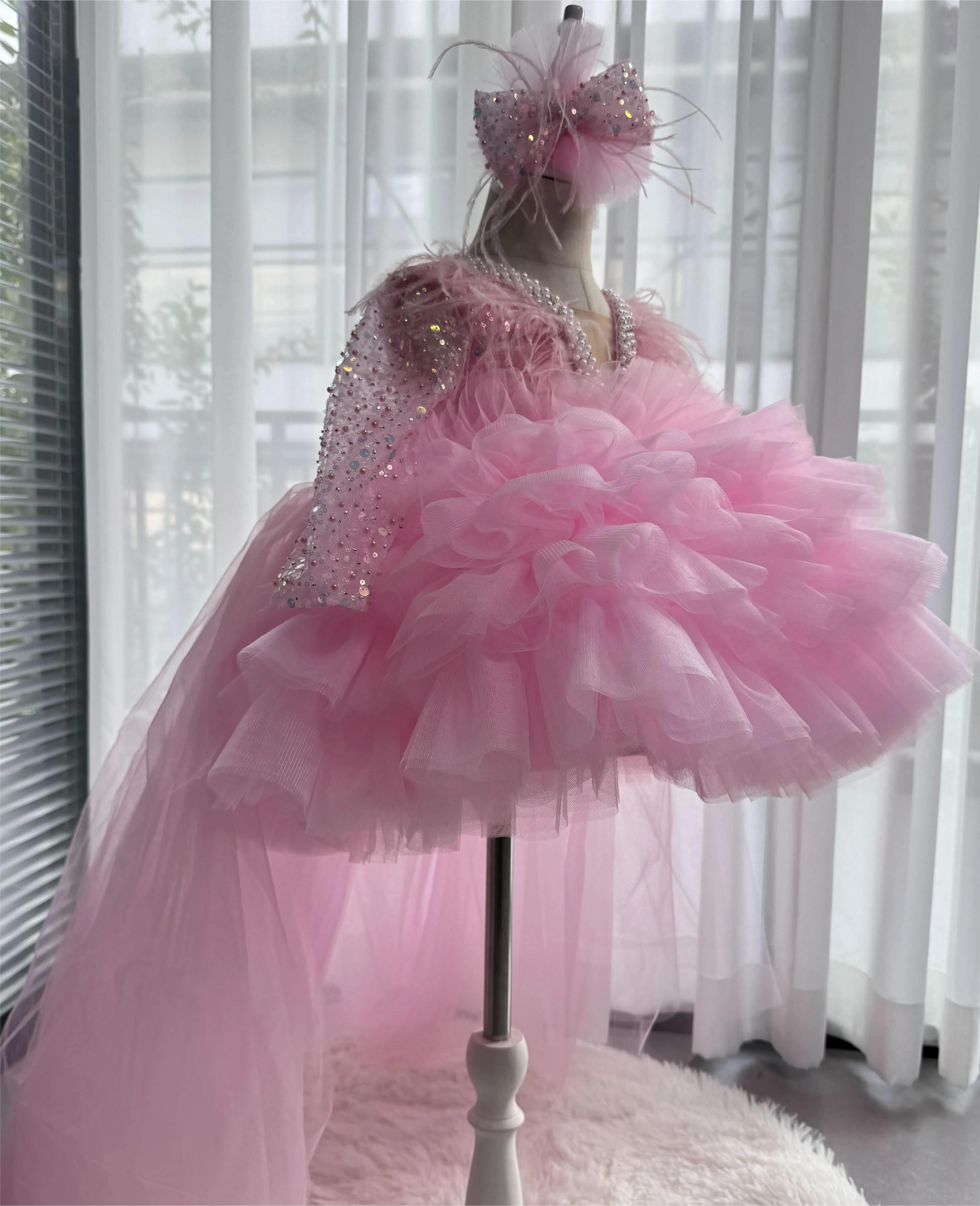 Children's Dress Sequin Feather Long Sleeve Trailing Birthday Party Girls Evening Dress