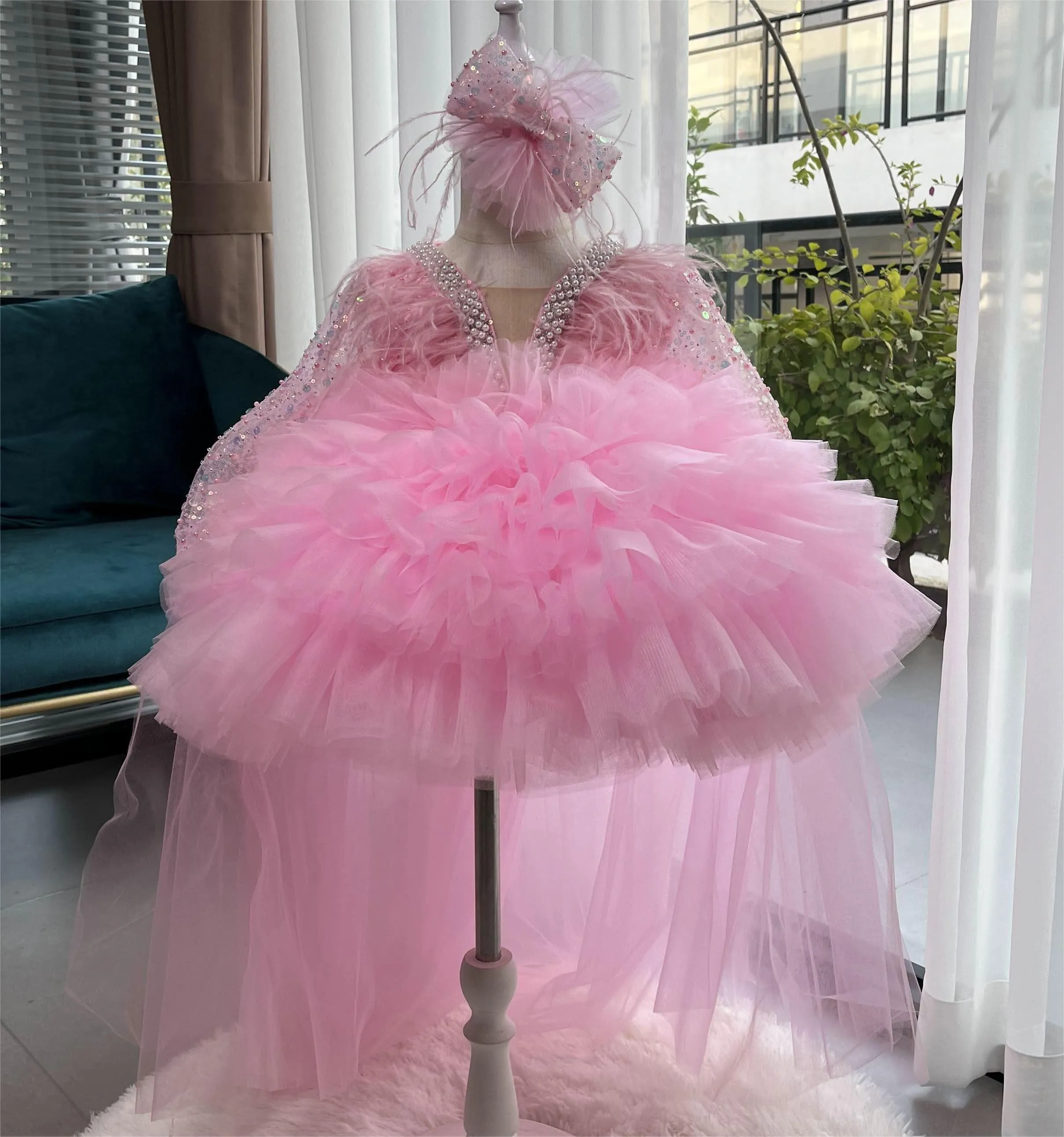 Children's Dress Sequin Feather Long Sleeve Trailing Birthday Party Girls Evening Dress