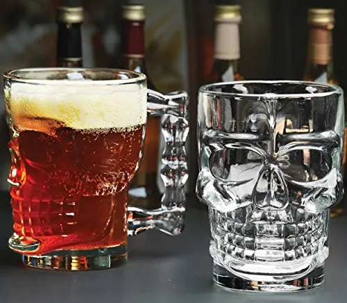 Circleware Skull Face Beer Mug Drinking Glasses with Handle, Set of 2, Heavy Base Funny Entertainment Glassware for Water, Juice and Halloween Decorations Beverage Gifts, 17.6 oz.
