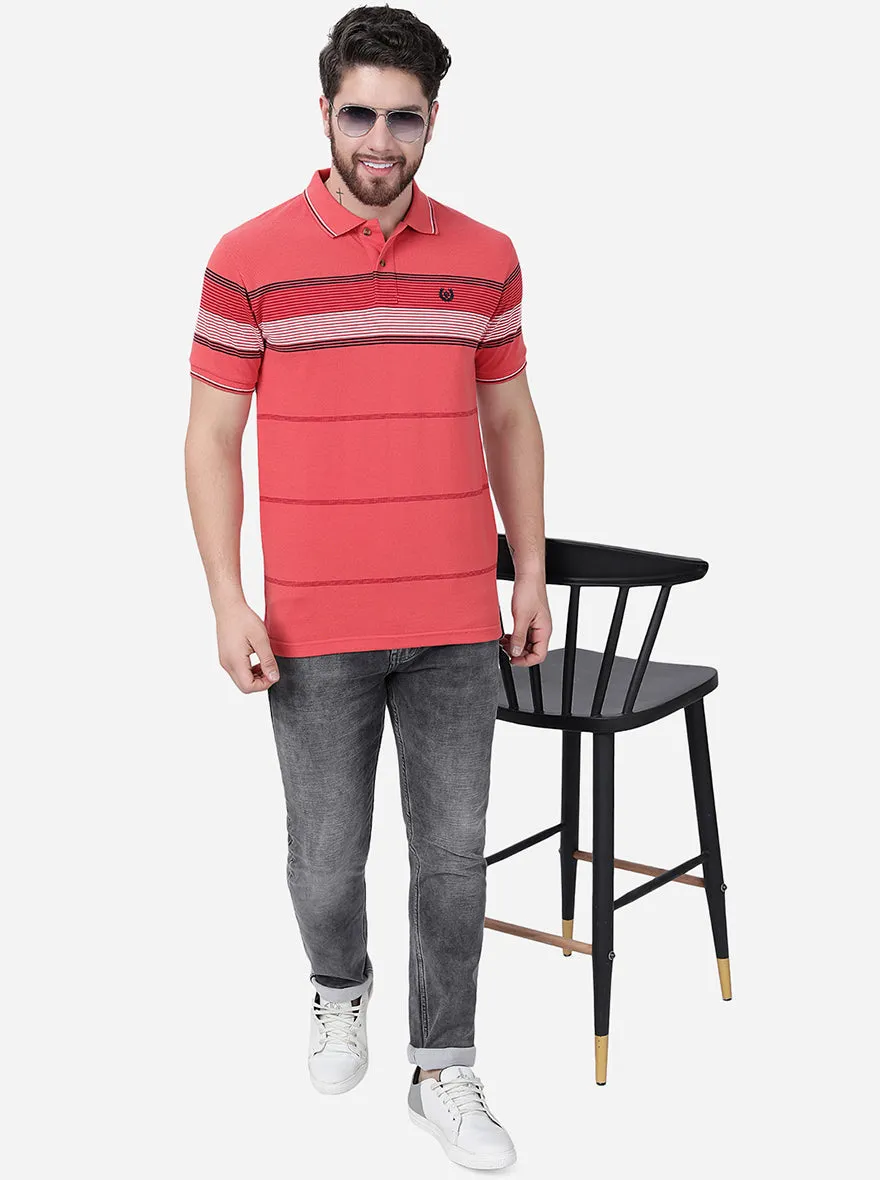 Coral Orange Striped Slim Fit Polo T-Shirt | Greenfibre