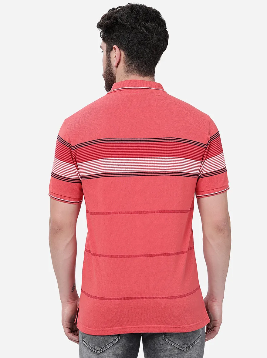 Coral Orange Striped Slim Fit Polo T-Shirt | Greenfibre